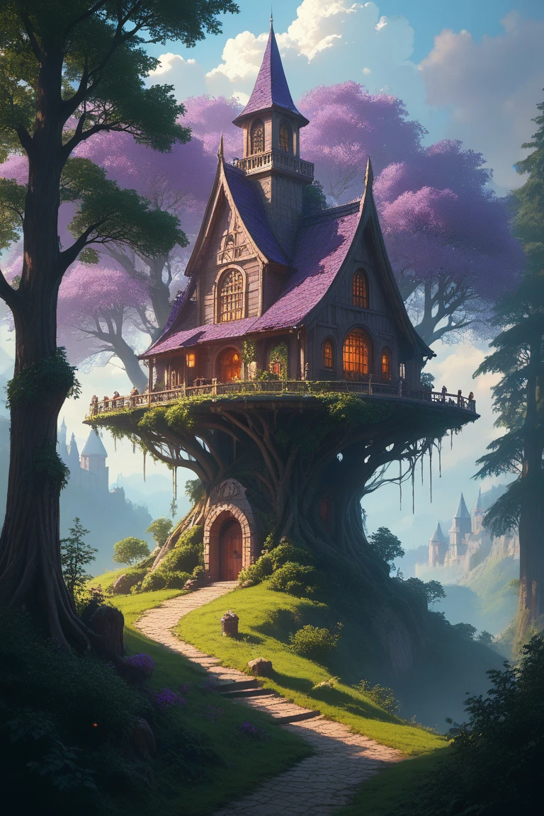 score_9, score_8_up, score_7_up, source_anime, rating_safe, dark, medieval, natural lighting, fantasy-treehouse focus, DaTH, DaTH_architecture, castle, tower, scenery, intricately detailed illustration, atmospheric perspective, depth of field, purple theme, horror (theme)