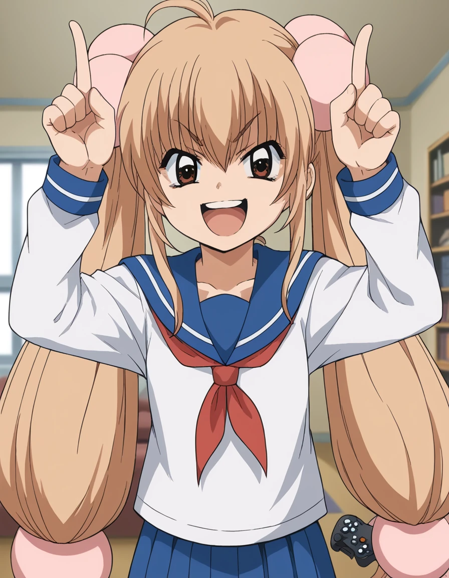 score_9, score_8_up, score_7_up, source_anime, <lora:rin-kokonoe-s1-ponyxl-lora-nochekaiser:1>, rin kokonoe, long hair, brown hair, hair ornament, twintails, brown eyes, very long hair, hair bobbles,, school uniform, serafuku, long sleeves,, living room, video game, controller, competitive, fun, afternoon, smile, <lora:horns-pose-ponyxl-lora-nochekaiser:1>, horns pose, index fingers raised, angry, steam, open mouth, shouting, anger vein,, looking at viewer, solo,, dutch angle, cowboy shot