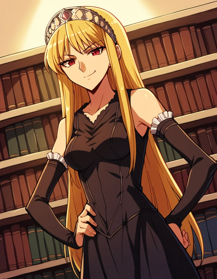 score_9, score_8_up, score_7_up, source_anime, <lora:kaibutsuoujo-liliane-s1-ponyxl-lora-nochekaiser:1>, liliane, long hair, blonde hair, red eyes, very long hair, tiara, medium breasts,, gloves, dress, detached sleeves, elbow gloves, black dress, bare shoulders, sleeveless dress, collarbone, long skirt, , bookstore, browsing shelves, new book smell, finding a favorite, quiet atmosphere, smile, smug, hand on hips,, looking at viewer, solo,, dutch angle, cowboy shot