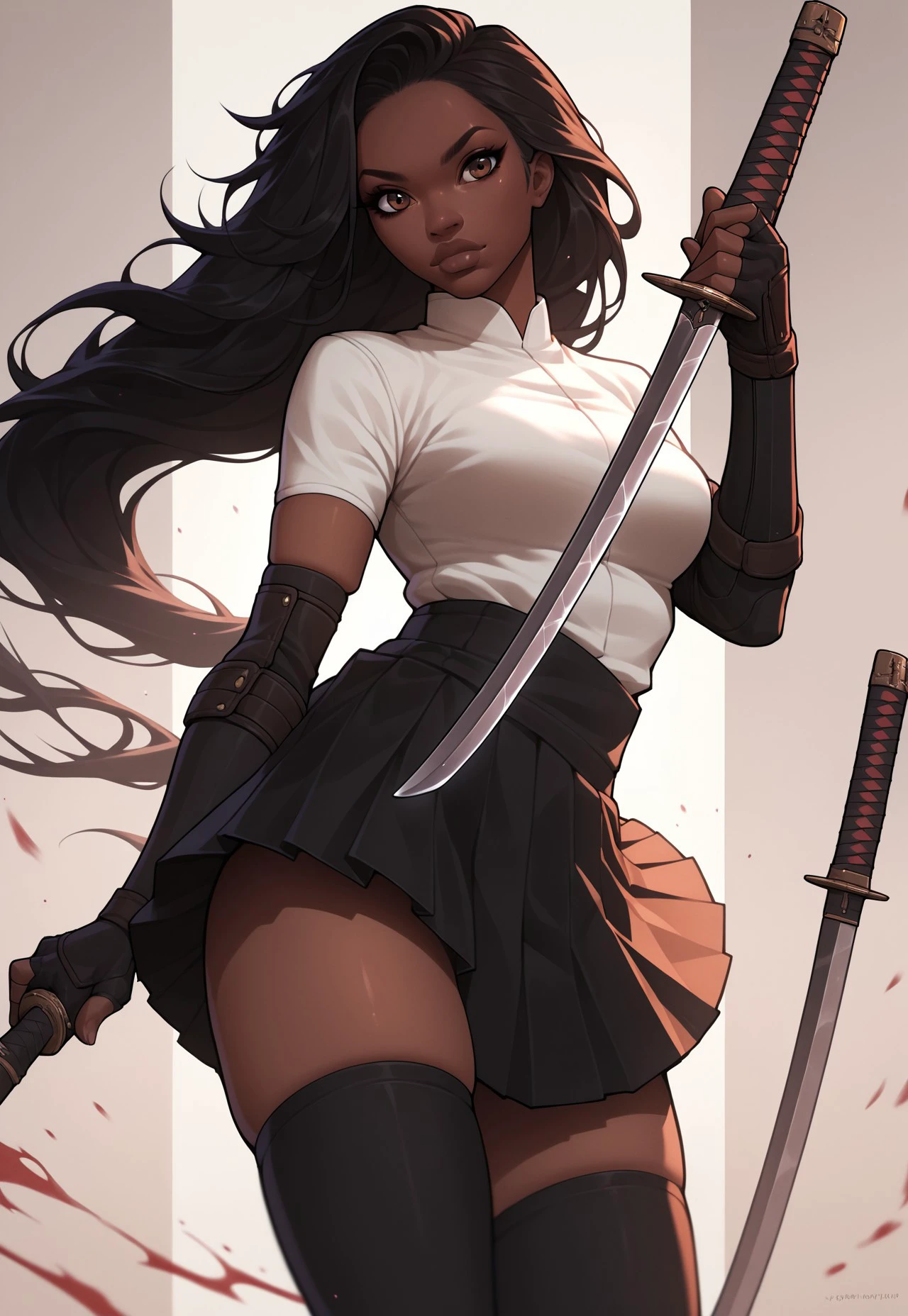 safe_pos, c4ndy, 1girl, weapon, solo, sword, skirt, dark skin,  thighhighs, long hair, katana, dark-skinned female, black hair, breasts, gloves, brown eyes, very dark skin, pleated skirt, lips, looking at viewer, elbow gloves, holding weapon, fingerless gloves, black skirt, skindentation, sheath, holding, shirt, holding sword, black gloves, sheathed, score_9, score_8_up, score_7_up, score_6_up, score_5_up, score_5_up, score_4_up