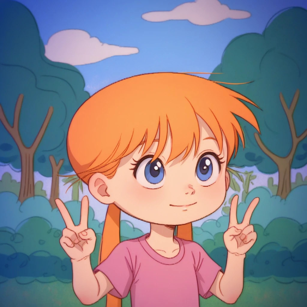 score_9_up, score_8_up, BREAK, Jackie, 1girl, solo, orange hair, blue eyes, long hair, twintails, pink shirt, short sleeves, upper body,   <lora:Jackie_Bobby_World_PXL_Leaf4:1>, outdoors, forest, double v, young,