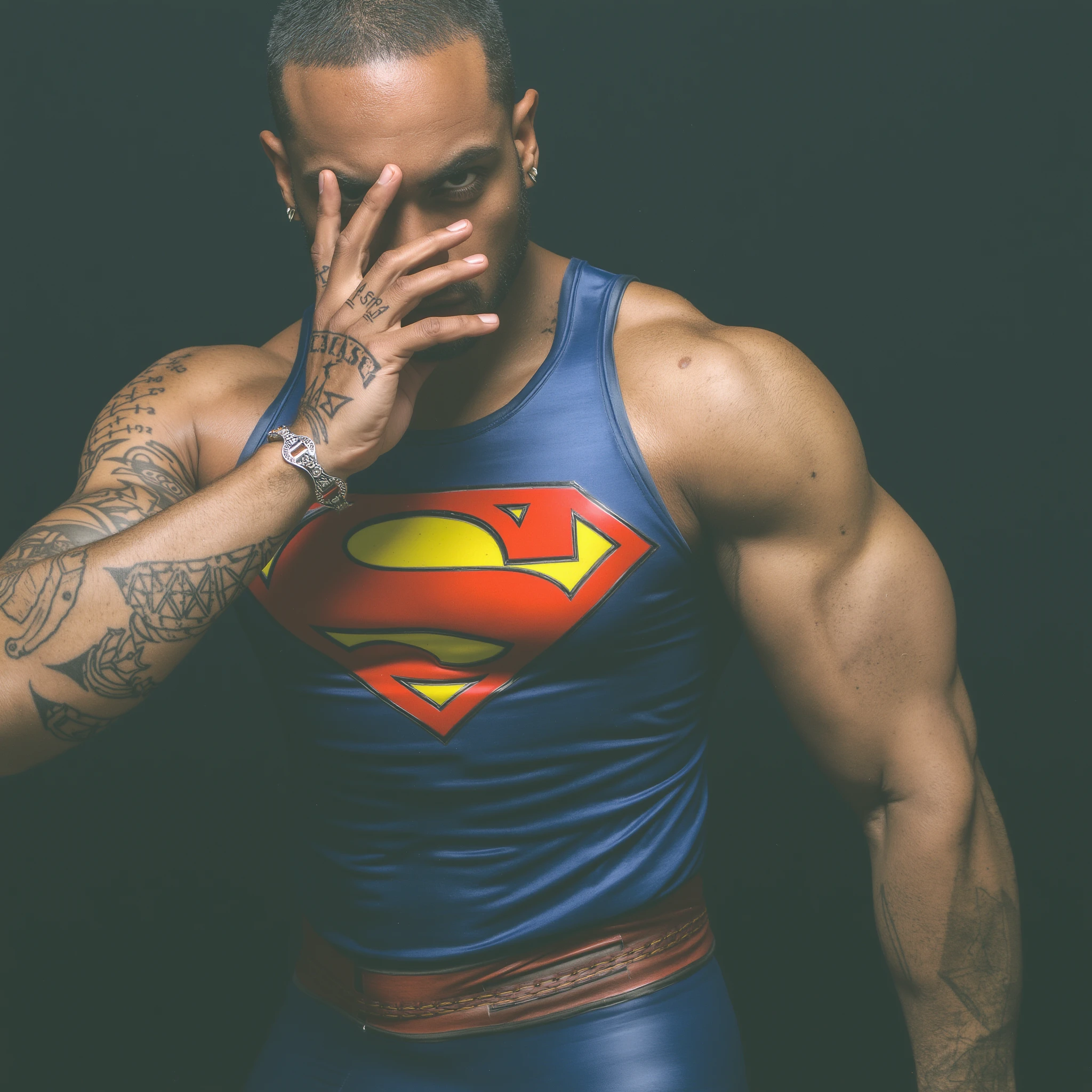 A close-up shot captures a muscular, dark-skinned model in a Superman-themed outfit, his detailed tattoos and piercings accentuating his powerful physique. The stark black backdrop amplifies his intense gaze, creating a bold and captivating portrait that celebrates strength and identity.