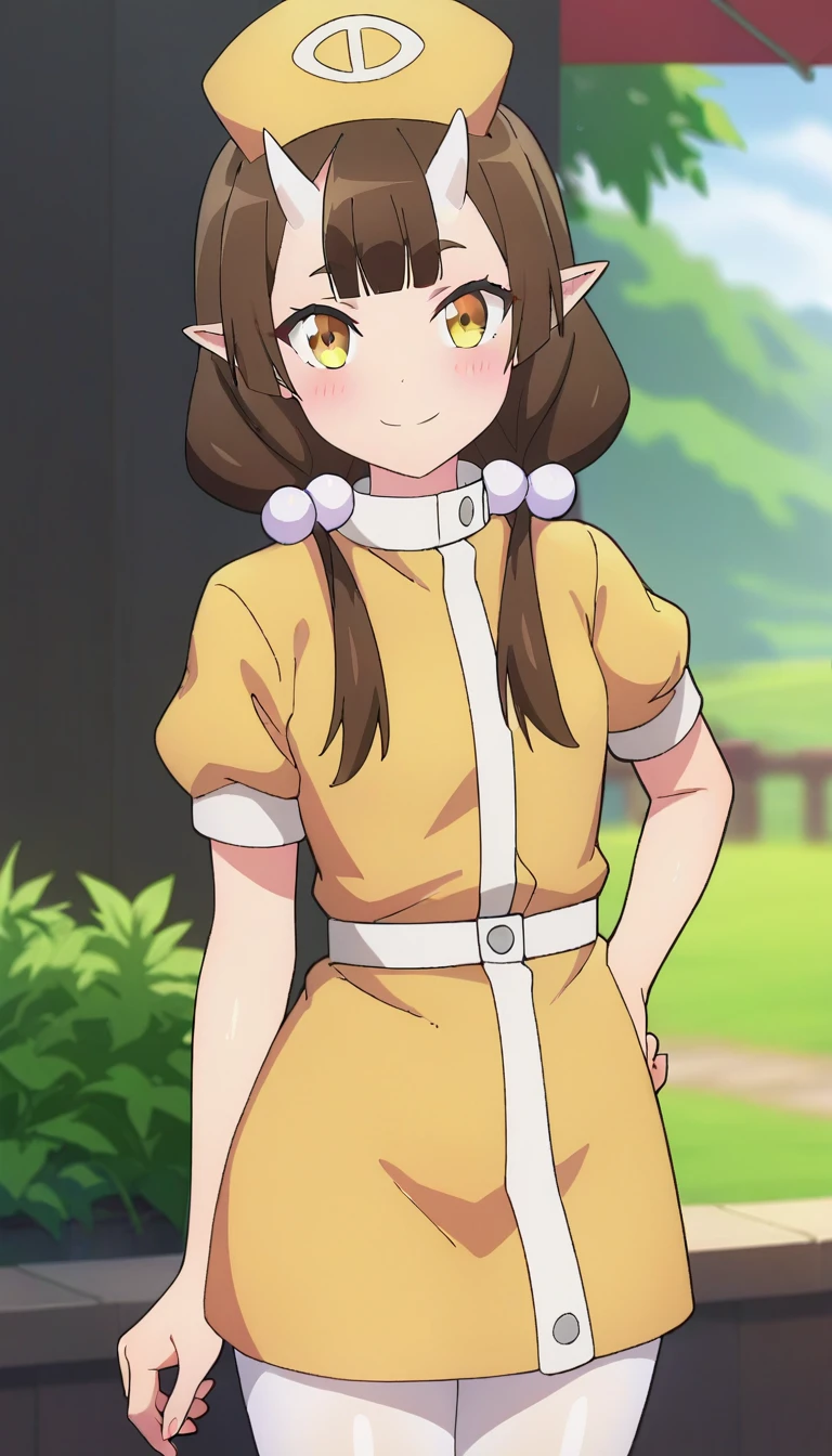 score_9,score_8_up,score_7_up,score_6_up BREAK official art,solo,outdoors,upper body,(portrait:1.5),looking at viewer,facing viewer,smile,blush,Resumisu Care,nurse cap,yellow headwear,skin-covered horns,oni horns,long hair,brown hair,low twintails,twintails over shoulder,hair bobbles,hair ornament,pointy ears,hair between eyes,blunt bangs,yellow eyes,yellow dress,puffy short sleeves,small breasts,white pantyhose,high heels,white footwear,<lora:Resumisu Care(ig)-Pony:1.5>,