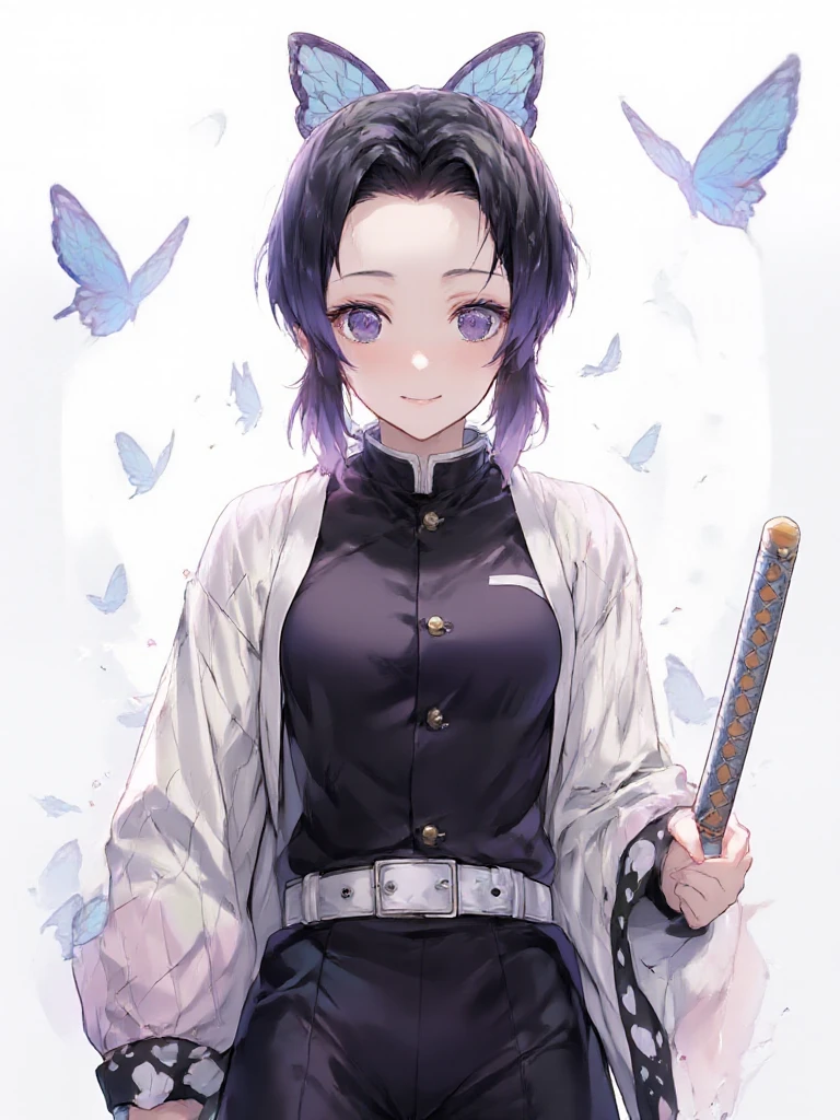 Kochou Shinobu, Kochou Shinobu stands confidently in an anime-style illustration, rocking a black school uniform with gold buttons and a white, patterned kimono tied at the waist with a belt. Her hair is short, black, and styled with a side ponytail, while her eyes are a striking purple. She holds a traditional Japanese sword with a colorful hilt in her right hand, and a serene smile graces her face. In the background, soft pastel colors blend together, and delicate blue butterflies flutter around, adding a touch of whimsy to the scene. The overall vibe is calm and dignified, showcasing Kochou's poised and composed demeanor.