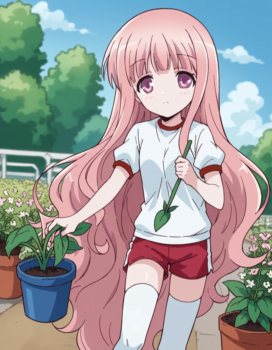 score_9, score_8_up, score_7_up, source_anime, <lora:hinata-hakamada-s1-ponyxl-lora-nochekaiser:1>, hinata hakamada, long hair, very long hair, pink hair, pink eyes,, gym uniform, shorts, red shorts, thighhighs, gardening, watering plants, backyard, flowers blooming, sunny day,, , v,, looking at viewer, solo,, dutch angle, cowboy shot