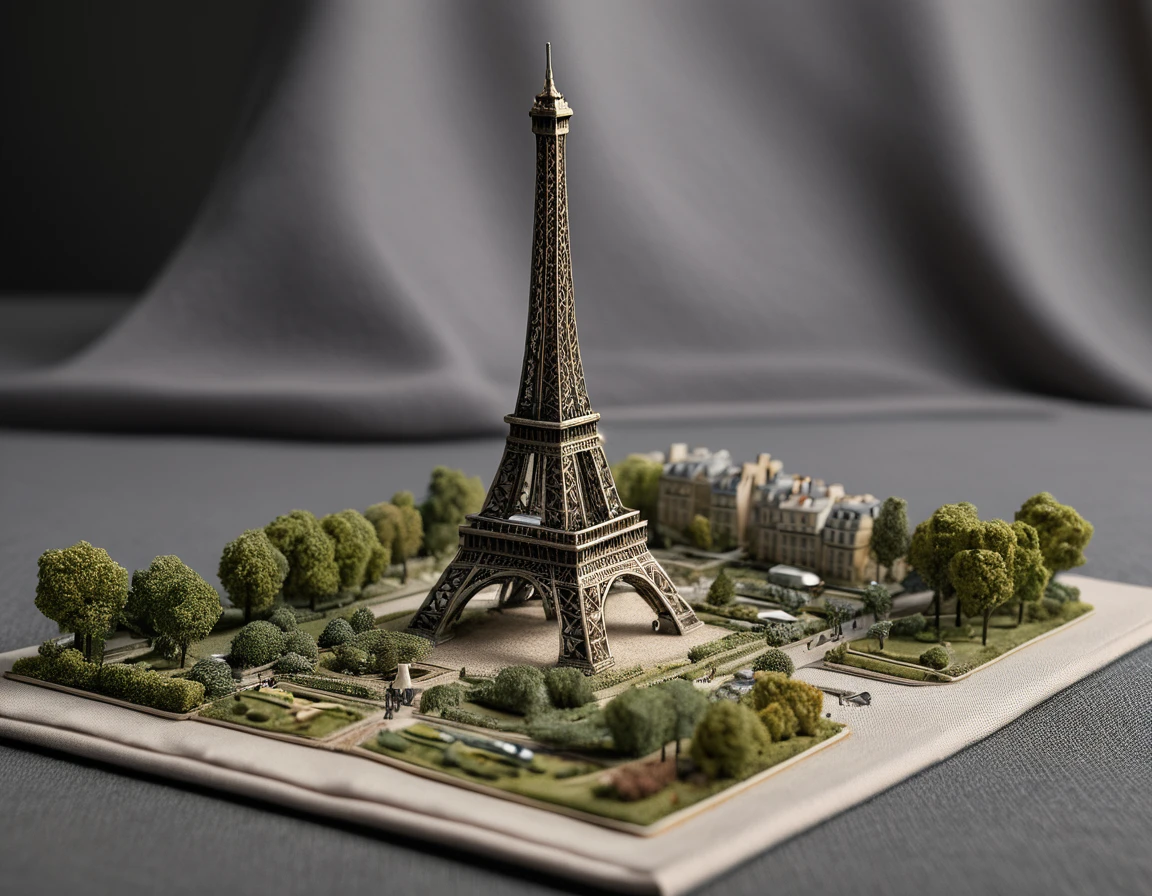 <lora:m1n14tur3_07XL-000008:1.2>,m1n14tur3 style, a small model of the (Eiffel Tower in Paris:1.3),landscape architecture render,photo realistic,hyperrealism,ornate,studio photograph,bokeh,tilt shift,intricate detail,dramatic,shadows,model displayed on a gray cloth with a simple background