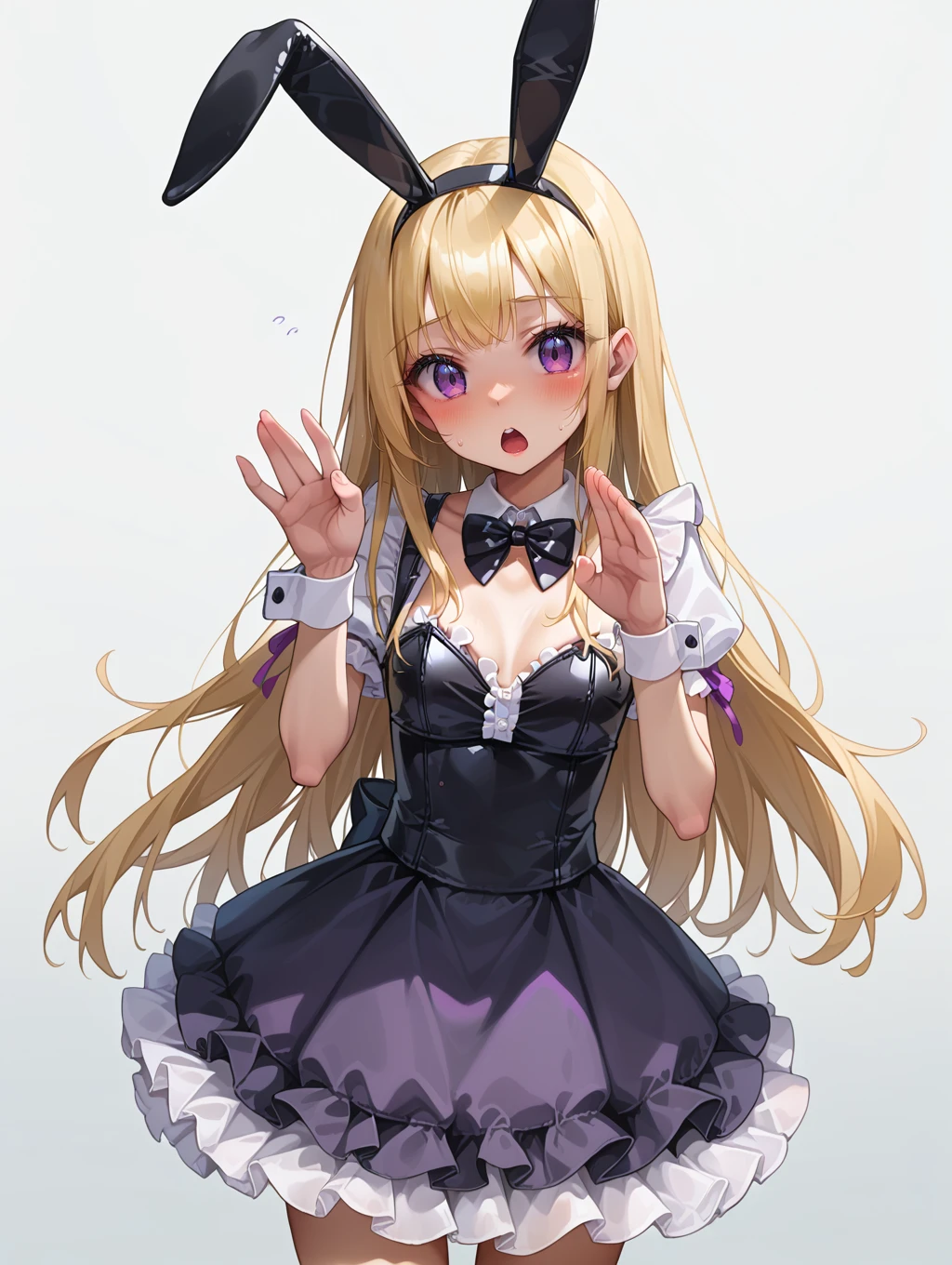 1girl, 
cowboy shot, solo, black dress, animal ears, black bowtie, long hair, detached collar, purple ribbon, black bow, bowtie, blush, center frills, fake animal ears, bow, :o, standing, rabbit ears, purple eyes, looking at viewer, hairband, very long hair, blonde hair, frills, short sleeves, puffy short sleeves, dress, open mouth, ribbon, wrist cuffs, puffy sleeves, shirt, rabbit pose, frilled sleeves, white shirt, black hairband,
she is wearing a purple dress with a white collar and a pink bow on the waist. her hair is styled in two large bunny ears on top of her head. she has a surprised expression on her face and her hands are raised above her head, as if she is making a silly face. the background is white.
score_9, score_8_up, score_7_up, source_anime
 <lora:style022-1:0.7>