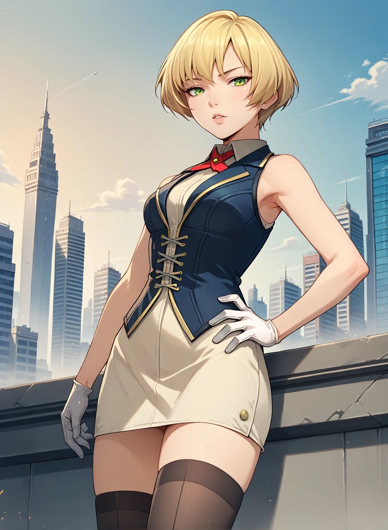 score_9, score_7_up, source_anime, 1girl, looking at viewer, hand on own hip, parted lips, <lora:FranGE-pdxl:1> franGE, blonde hair, short hair, green eyes, blue vest, collared shirt, red neck ribbon, medium breasts, sleeveless, white gloves, white dress, pencil skirt, black thighhighs, cityscape, sky