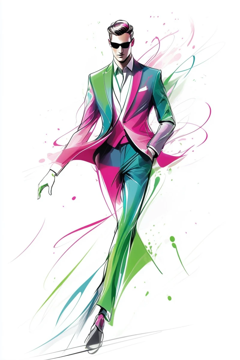 A digital illustration of an elegant man in motion, A minimalist fashion illustration of an elegant man in motion with vibrant colors and fluid lines. The background is white for contrast, creating a sense of movement and elegance. This design is suitable for use across various applications, greens, and grays, highlighting the dynamic pose and stylish attire. Soft lighting creates depth and dimension to showcase movement, rendered as colorful ink splashes on a white background. The colors include vibrant pinks, resulting in a high-resolution, set against a white background. The color palette features shades of blue and green, set against a white background. The colors create dynamic splashes around his figure, standing tall with graceful curves and flowing lines, making it suitable for design projects or promotional materials, adding energy to the composition. His pose is graceful yet powerful as he moves across the scene. This style reflects movement and fashion elegance, A fashion illustration of an elegant man in motion.
<lora:artfullyWHTFSKETCH:1>, artwhtfsketch,