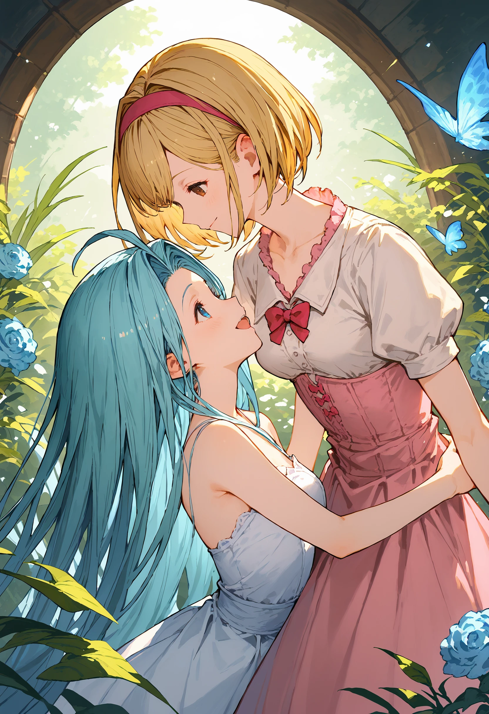 score_9, score_8_up, score_7_up, masterpiece, best quality, very aesthetic, absurdres,
2girls, yuri, happy, imminent kiss, clear eyes,
lyria \(granblue fantasy\), very long hair, blue hair, medium breasts, skinny, body_slim, small breasts, white cami-dress, bare shoulders, strapless, 
djeeta \(granblue fantasy\), (short hair:1.1), blonde hair:1.1, pink blouse, hairband, short sleeves, 
 <lora:JitaRuri-PonyV6:1> jitaruri,