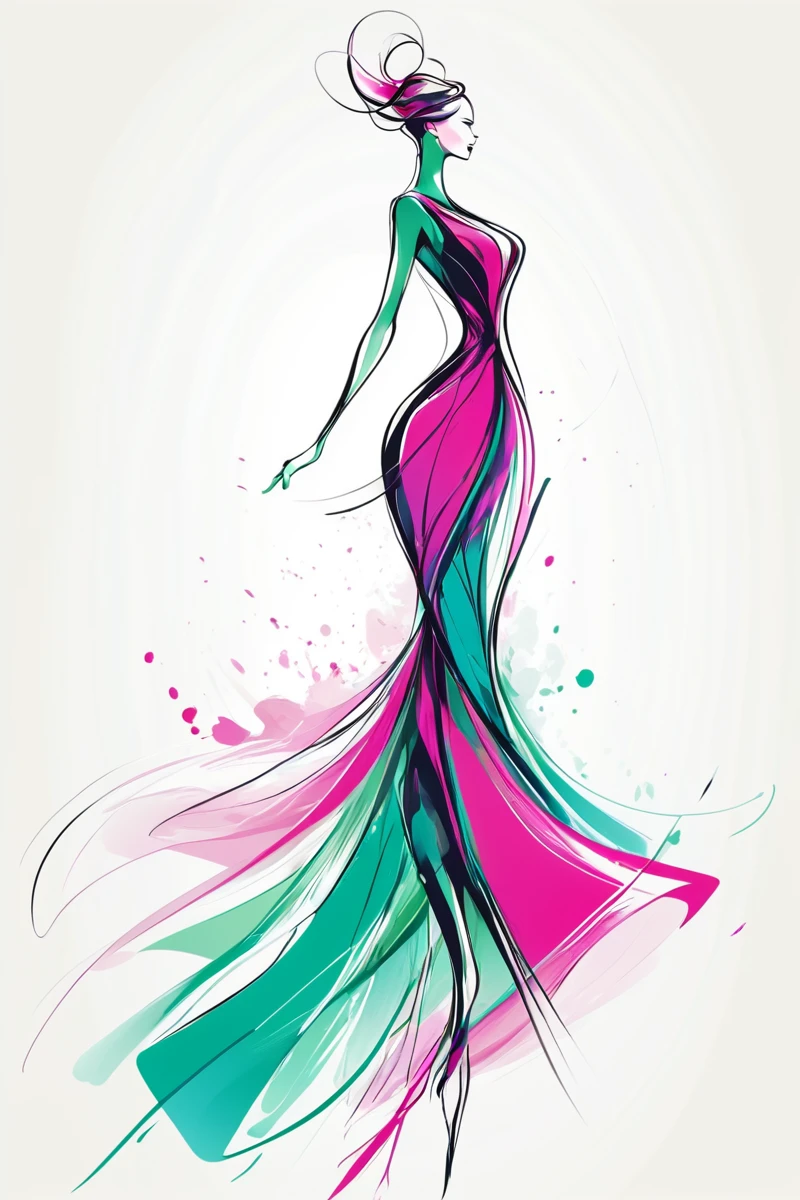 , A digital illustration of an elegant woman in motion, A minimalist fashion illustration of an elegant woman in motion with vibrant colors and fluid lines. The background is white for contrast, creating a sense of movement and elegance. This design is suitable for use across various applications, greens, and purples, highlighting the dynamic pose and stylish attire. Soft lighting creates depth and dimension to showcase movement, rendered as colorful ink splashes on a white background. The colors include vibrant pinks, resulting in a high-resolution, set against a white background. The color palette features shades of blue and green, set against a white background. The colors create dynamic splashes around her figure, standing tall with graceful curves and flowing lines, making it suitable for design projects or promotional materials., adding energy to the composition. Her pose is graceful yet powerful as she moves across the scene. This style reflects movement and fashion elegance, A fashion illustration of an elegant woman in motion
<lora:artfullyWHTFSKETCH:1>, artwhtfsketch,