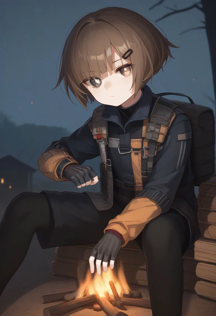 score_9, score_8_up, score_7_up, source_anime, BREAK sitting, campfire, expressionless, hairclip, short hair, brown hair, heterochromia, white iris, black iris, jacket, bangs, jacket, fingerless gloves, looking at viewer, white pupil, black pupil