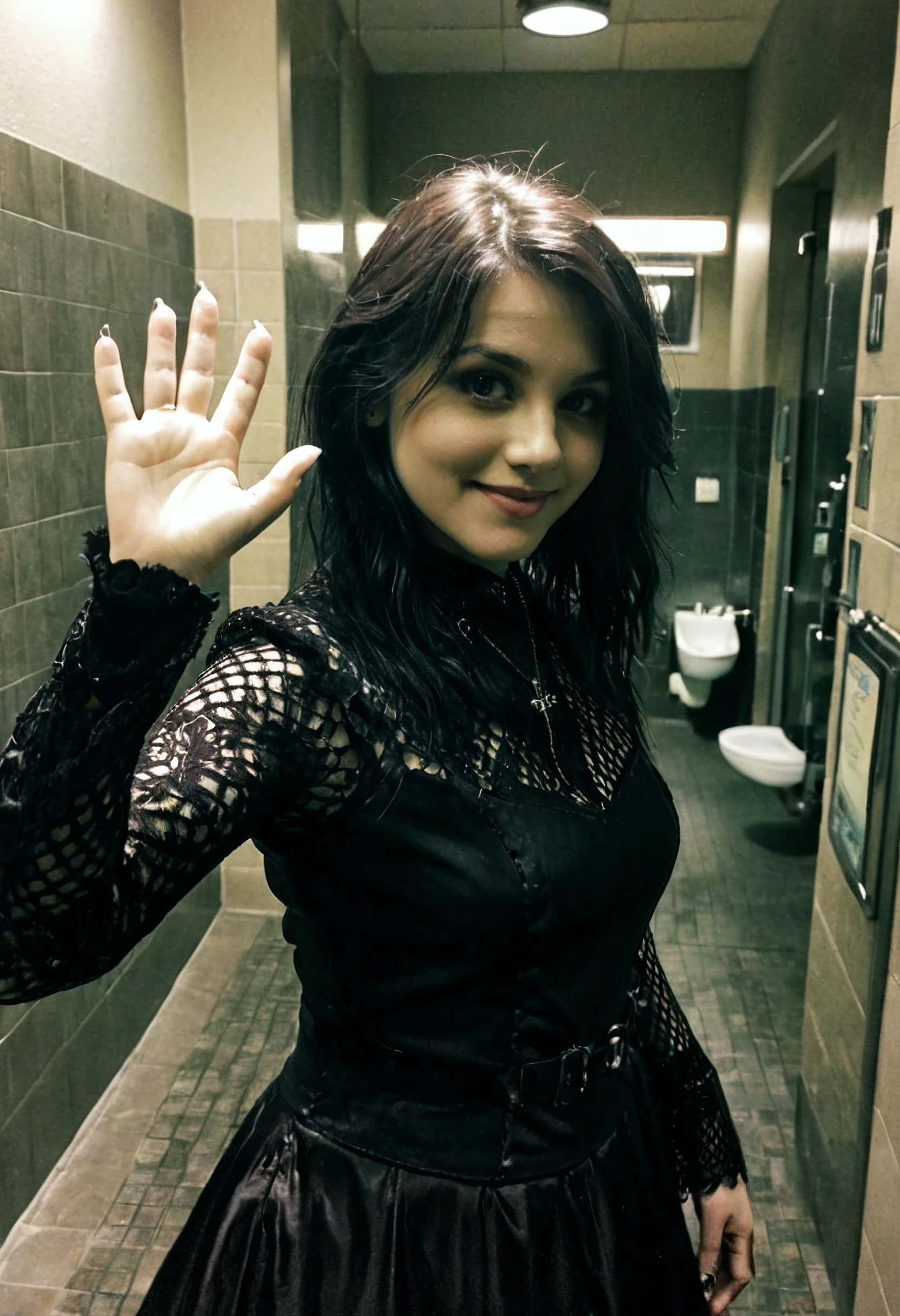 woman, (goth:0.1), waving, public restroom, selfie, detailed, film grain, raw, real life photo, amateur, traditional media