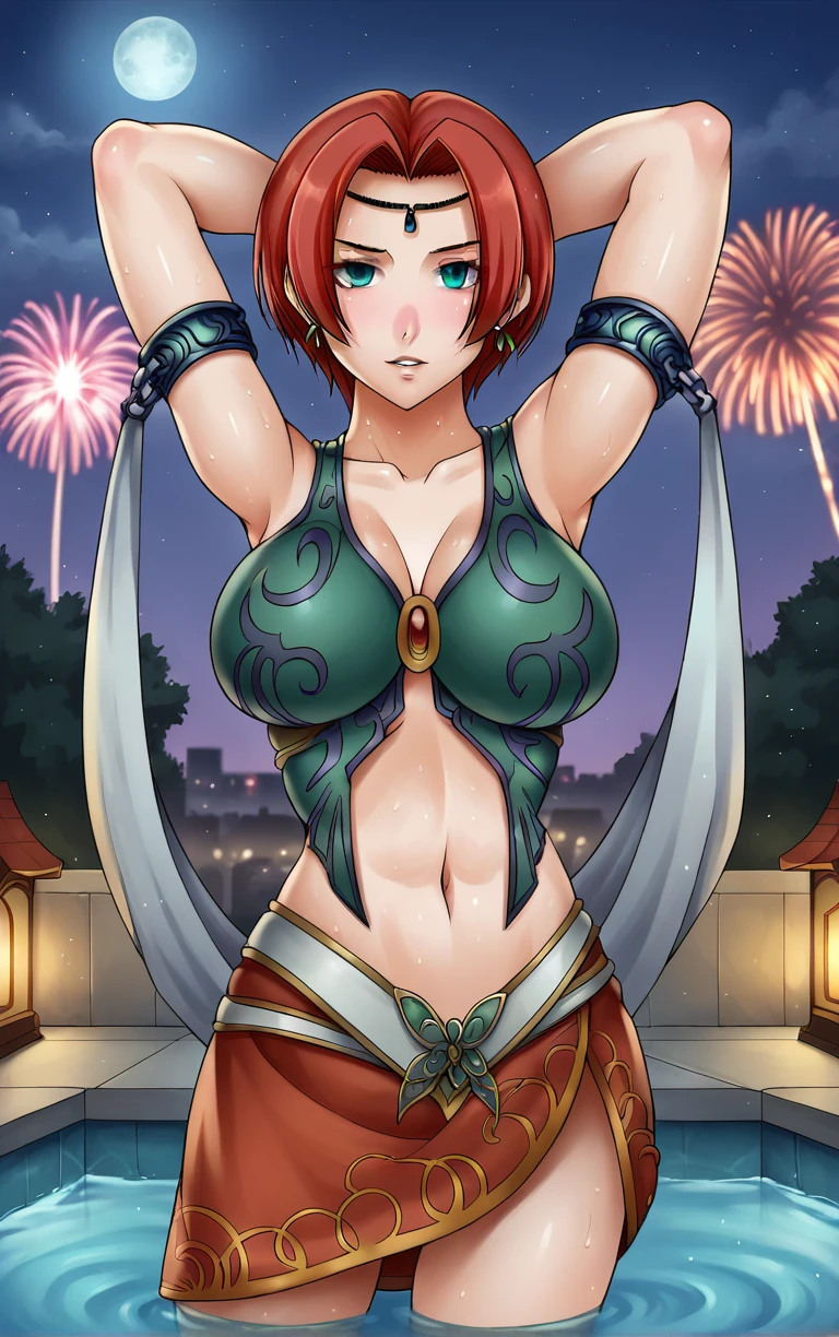 score_9, score_8_up, score_7_up, looking at viewer,  BREAK
Main_GuardianElma_ownwaifu, 
1girl, circlet, green eyes, red hair, short hair, armlet, jewelry, earrings, collarbone, large breasts, armband, 
green tank top, ornate clothes, bare shoulders, sleeveless, white gloves, navel, midriff, skirt, cleavage, chain, gem, miniskirt,
(contrapposto, arms behind head, aerial fireworks), wading, neon_lights, cityscape, night, pool, full moon, outdoors, <lora:PONYXL_YuGiOh_GuardianElma_ownwaifu:0.9> , depth of field, solo,