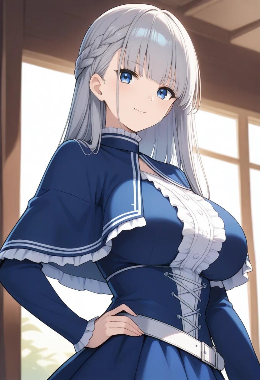 1girl, solo
<lora:SDXL_lawine__i:0.8> lawin
blue eyes, long hair, looking at viewer, dress, bangs, capelet, frills,long sleeves, smile, 
grey hair,  blue dress, blue capelet, center frills,large breasts,white belt, breasts, blue skirt, short dress, 
upper body, hand on own hip, 
masterpiece, best quality,ultra-detailed, very aesthetic,