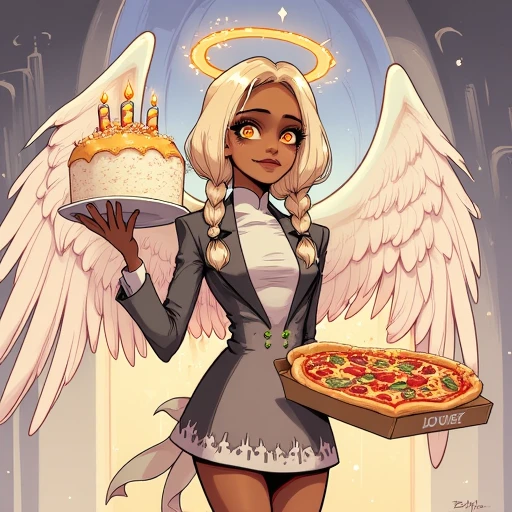 Digital ilustration featuring Gabriella the Goober angel holding a birthday cake in one hand and box of pizza in the other