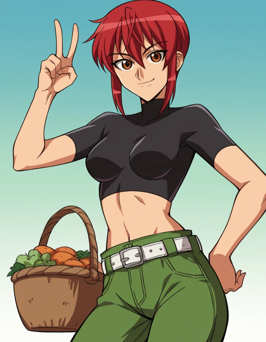 score_9, score_8_up, score_7_up, source_anime, <lora:riza-wildman-s1-ponyxl-lora-nochekaiser:1>, riza wildman, short hair, brown eyes, red hair, hair between eyes, sidelocks, medium breasts,, shirt, short sleeves, midriff, belt, pants, crop top, cropped shirt, green pants, black shirt, turtleneck,, farmers market, fresh produce, local vendors, baskets, sunny day, community, smile, v, v over eyes,, looking at viewer, solo,, dutch angle, cowboy shot