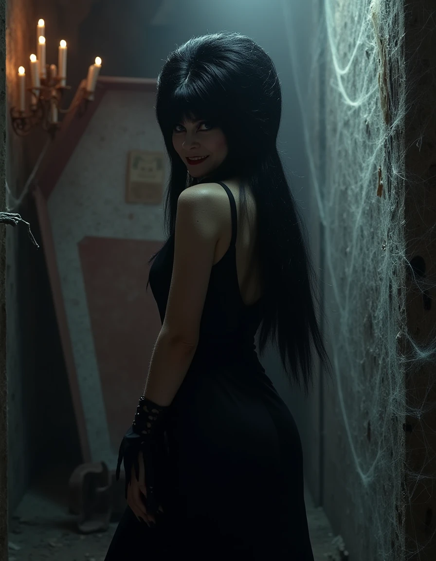 <lora:Elvira_V2_Flux:1.2> high definition photo of  elv!r@, black hair, black dress. standing in an old creepy mansion, cobwebs, coffin, turned away from camera, looking over should at viewer, big smile.