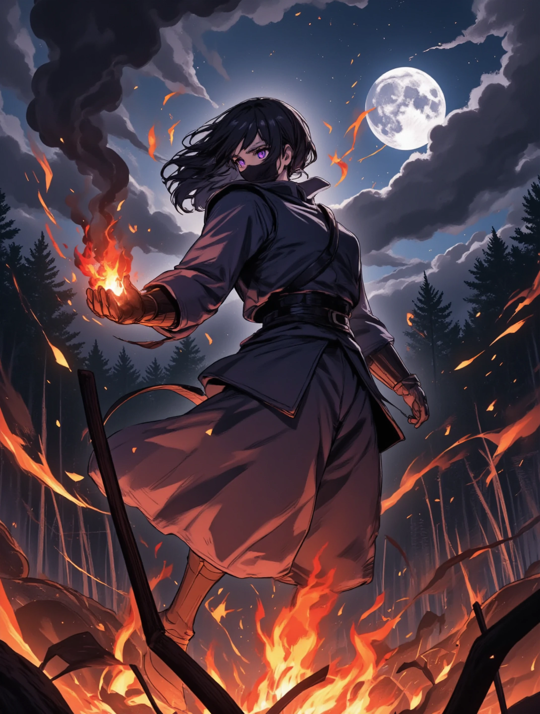 A datailed anime-style depiction of a fierce purple-eyed Ely Otta in a samurai outfit in mid-air, captured at the peak of her jump. She wears a sleek black mask, partially obscuring her intense expression. She carries fuming and smoking fireball in her hand. In the background, a forest ablaze casts glowing embers into the air, illuminated by the eerie glow of a full moon behind drifting clouds. A powerful gust of wind fans the flames, creating swirling patterns of fire and ash in the smoky night sky, adding dynamic motion to the scene.