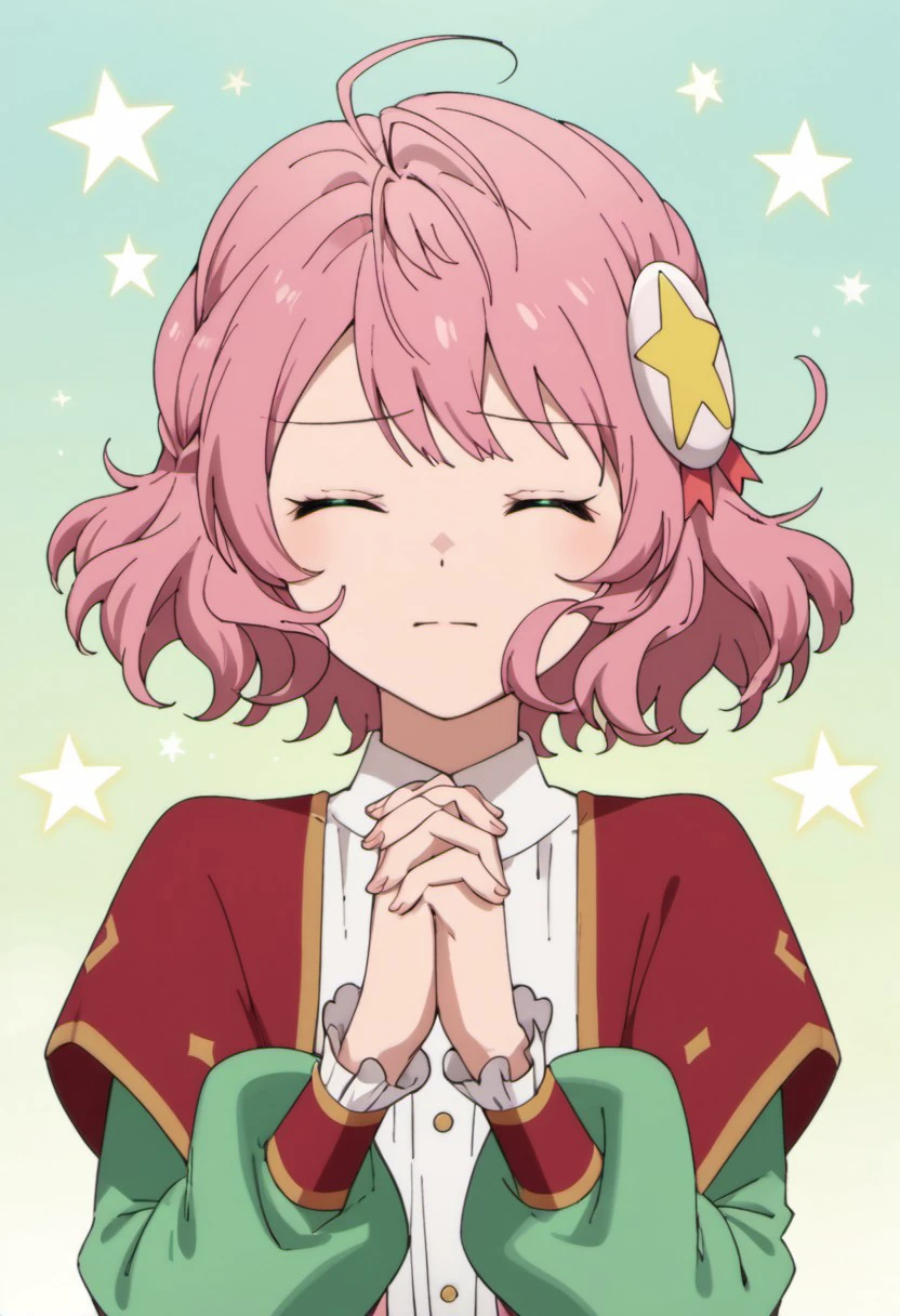 score_9, score_8_up, score_7_up, source_anime,alicia ehnleit, short hair, pink hair, green eyes, 1girl, closed eyes, hair ornament, star hair ornament, solo, star (symbol), own hands together, ahoge, own hands clasped, facing viewer