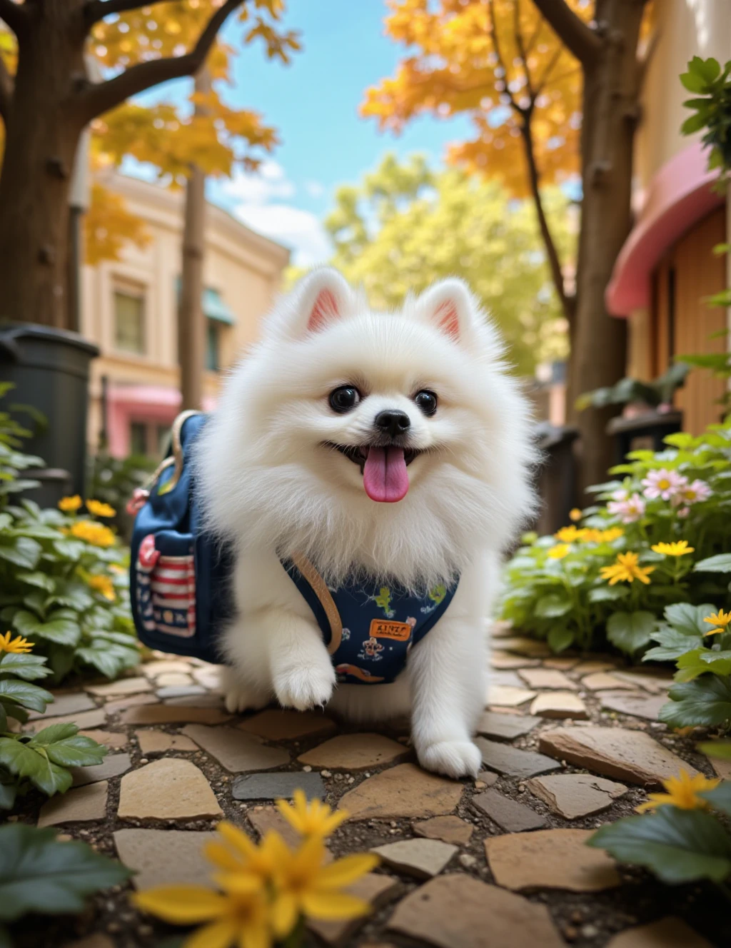 A charming photograph of a snow-white Pomeranian wearing school clothes and carrying a tiny backpack, exploring a whimsical forest.
playful, adorable, school theme, pet portrait, forest adventure, vibrant colors, whimsical, centered subject, curious expression, natural light