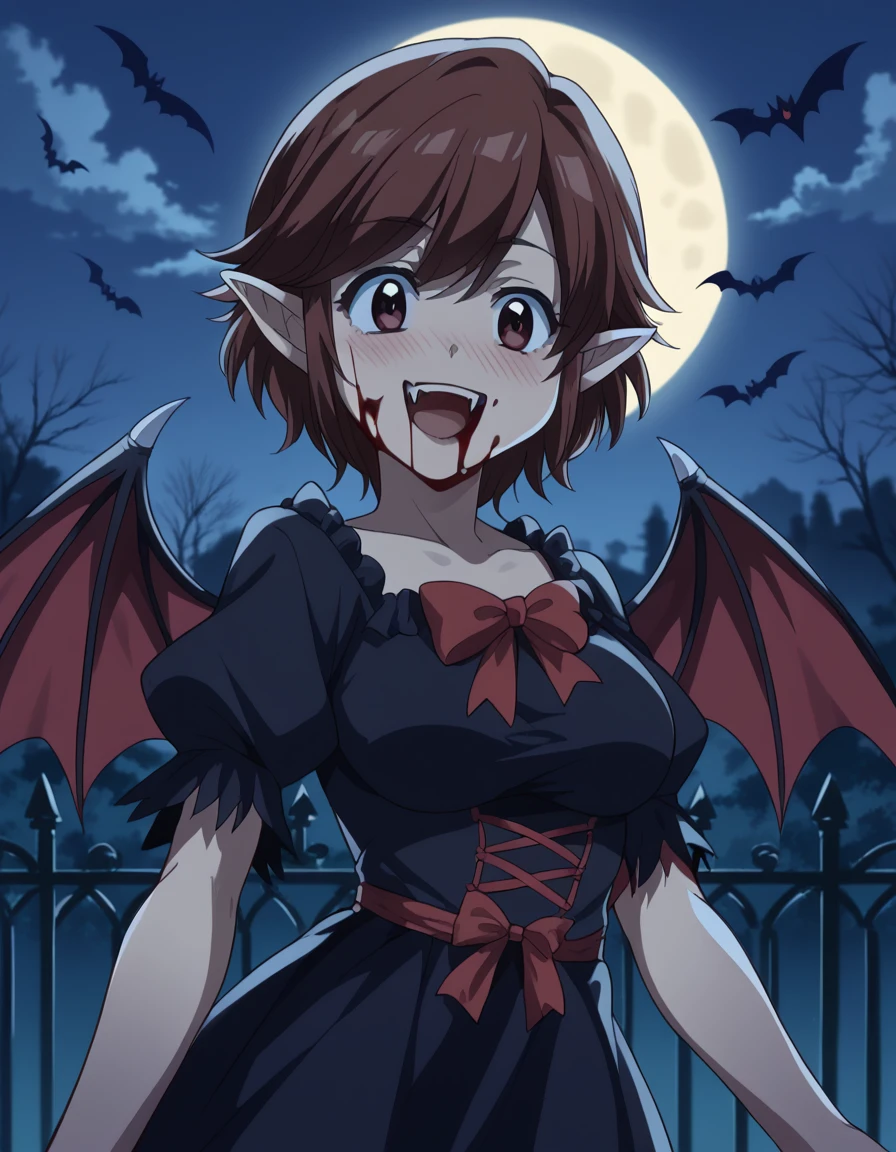 score_9, score_8_up, score_7_up, source_anime, <lora:kyouko-houin-s1-ponyxl-lora-nochekaiser:1>, kyouko houin, short hair, large breasts, brown hair, black eyes,, <lora:vampire-ponyxl-lora-nochekaiser:1>, vampire, red eyes, pointy ears, fangs, black dress, wings, blood, blood on face, blood on mouth, bat (animal), halloween, halloween costume, upper teeth only, night, moon, blush, smile, open mouth, , dutch angle, cowboy shot