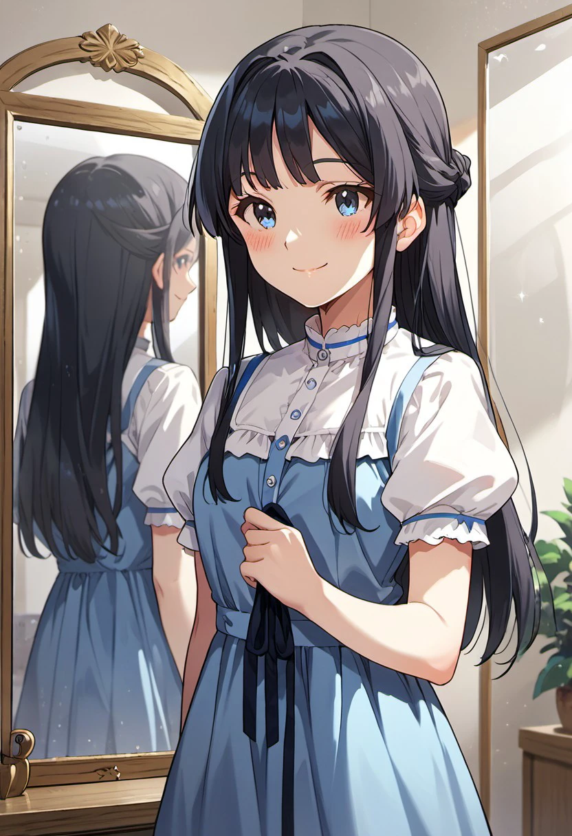 score_9, score_8_up, score_7_up, source_anime, mogami shizuka, long hair, blue eyes, black hair, 1girl, solo, smile, short sleeves, blue dress, mirror, reflection, blush, holding,  puffy sleeves, clothes hanger