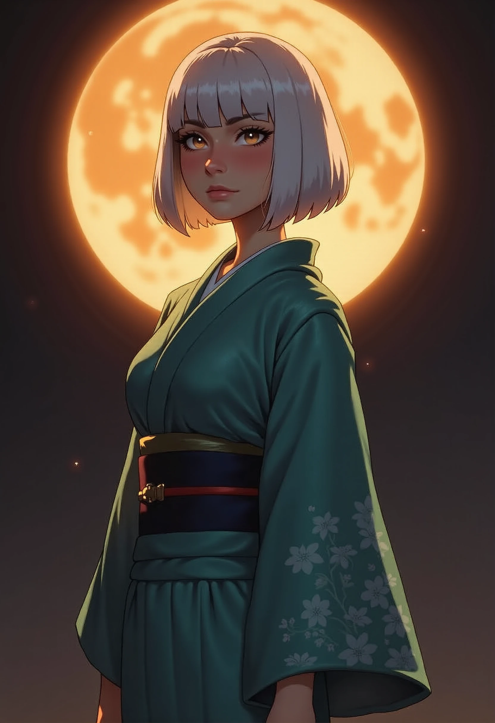 A majestic Japanese samurai with a sharp bob cut stands gracefully in front of a glowing orange moon that illuminates the scene with a soft, warm light. Her striking white hair contrasts elegantly with her deep, dark brown eyes, giving her an air of quiet strength. She wears a flowing teal kimono, intricately detailed with delicate patterns, the fabric catching the moonlight in subtle, shimmering hues. Her posture exudes confidence and dignity, as she stands poised, framed by the glowing celestial backdrop, embodying both beauty and power. Incase style.