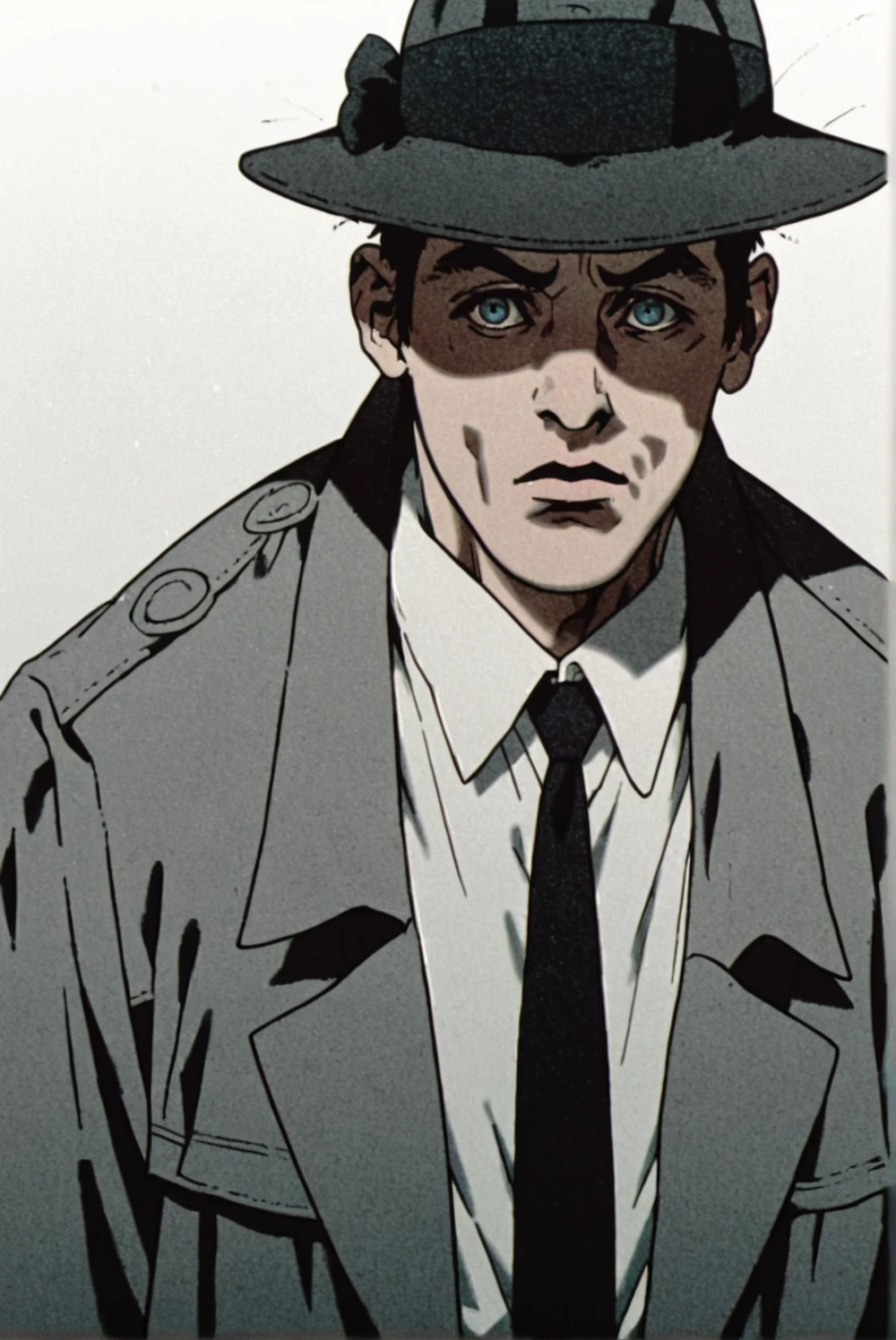 score_9, score_8_up, score_7_up, source_cartoon, rating_safe, flat color, large angle, (white background:1.2), 1boy, ((solo)), 20 years old, thin face, blue eyes, black hair,  grey raincoat, fedora hat, black suit, black tie, white shirt, , black shoes, standing, driving a car, closed fists, facing the viewer, ((upper body)), looking the viewer, <lora:Alain_Delon_V2_PONY:1> <lora:A_Detective_Story_Style_-_The_Animatrix:0.8> <lora:add-detail-xl:1> <lora:PONY-XL_Styles_for_Pony_Diffusion_V6:1>