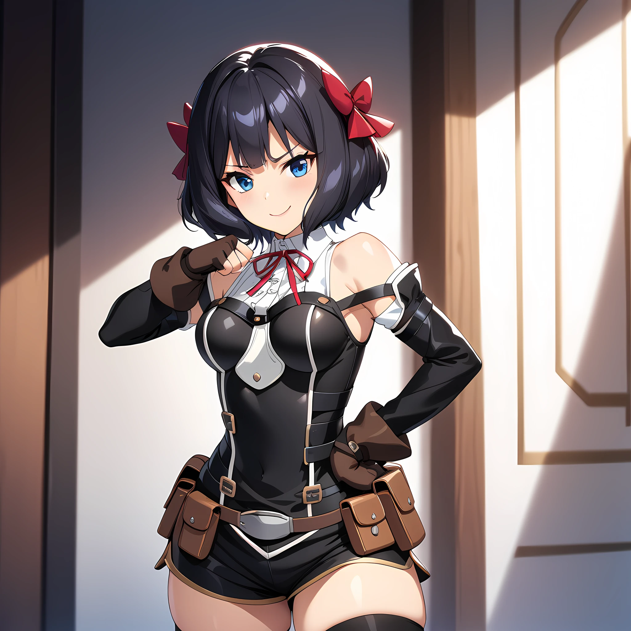 tino_shade, 1girl, short hair, black hair, red ribbon, blue eyes, medium breasts, white shirt, ribbon on neck, black vest, strapped vest, off shoulder, sleeves, brown gloves, fingerless gloves, wide hips, belt, pouch, black thigh high, black thigh boots, cowboy shot, smug, standing, hand on hips, <lora:XL-TinoShade:1> <lora:SDXL_SPO:1>, (masterpiece),(best quality),(ultra-detailed),(best illustration),(best shadow),(absurdres),(detailed background),(very aesthetic),