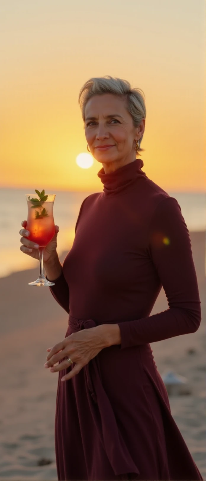 Hera is a short grey hair woman wearing a turtleneck dress holding a cocktail on the beach at sunset <lora:Hera:0.9>