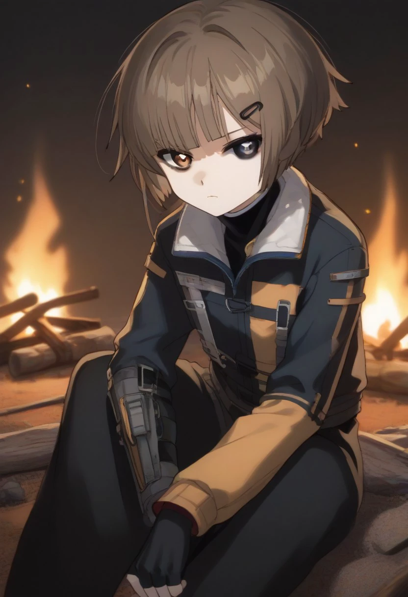 score_9, score_8_up, score_7_up, source_anime, BREAK sitting, campfire, expressionless, hairclip, short hair, brown hair, (heterochromia, white iris, black iris:1.2), jacket, bangs, jacket, fingerless gloves, looking at viewer, white pupil, black pupil