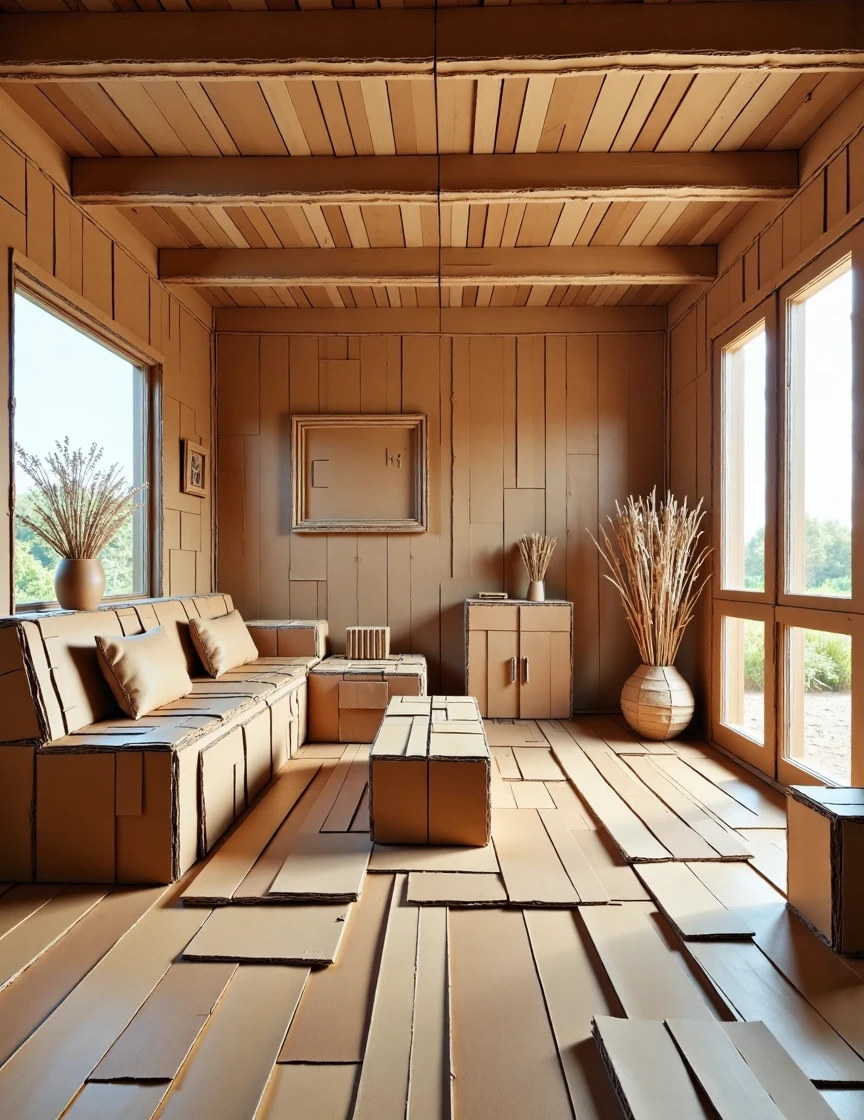 a living room made of cardboard and waste paper driving on the road