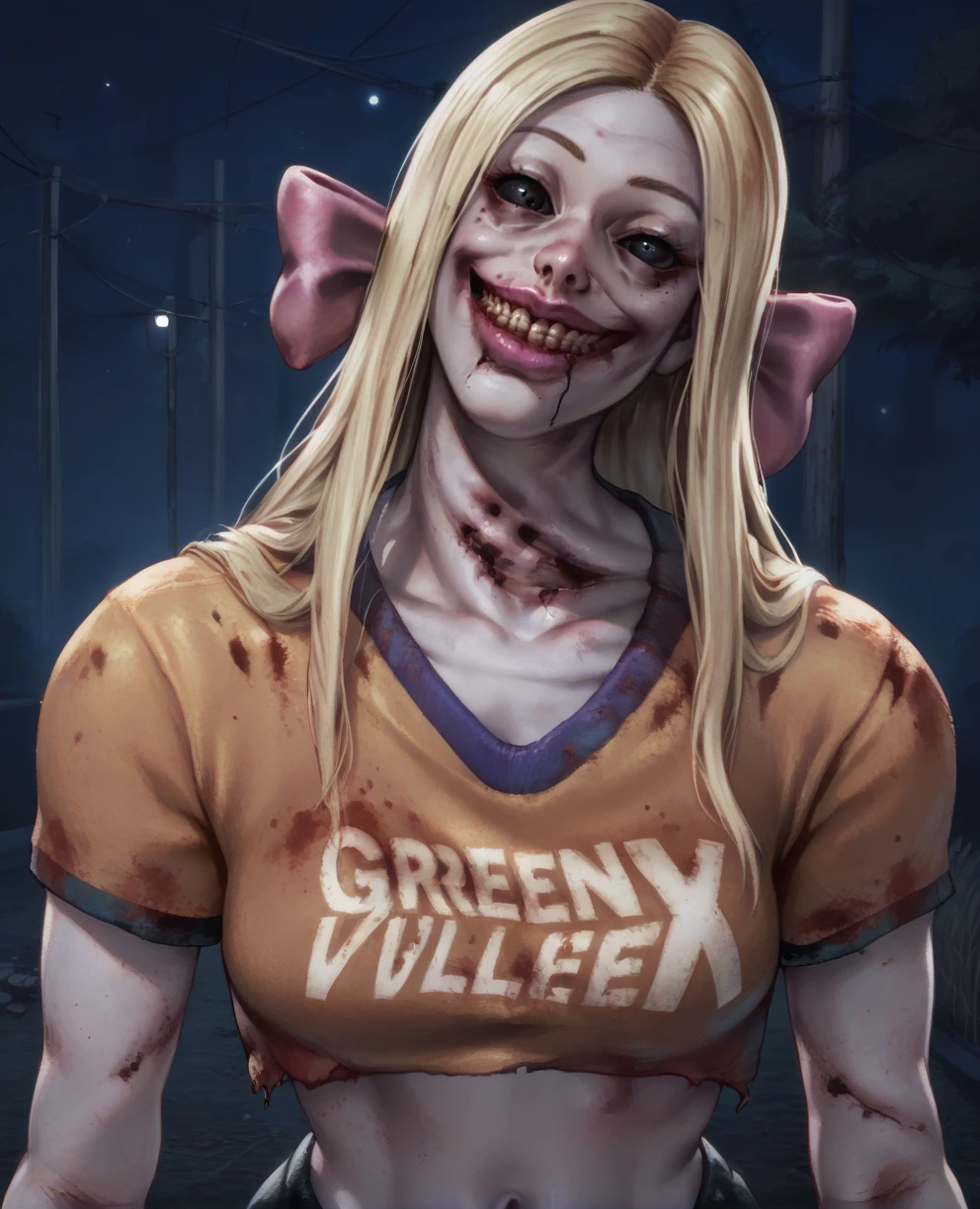 score_9,score_8_up,unknownpepxl,blonde hair,black eyes,black sclera,long hair,hair bow,orange shirt,midriff,navel,
looking at viewer,lipstick,teeth,smile,head tilt,solo,neon,night,upper body,standing,solo,horror \(theme\),
<lora:unknownPepXL-120-4rd:0.9>,