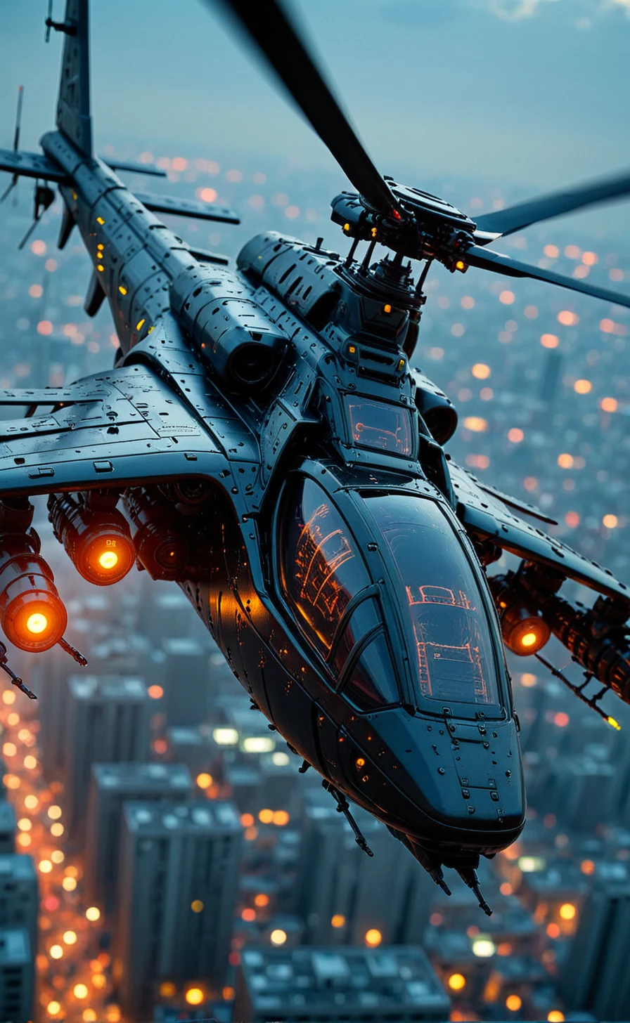 airwolf, 1980s, the image is featuring a futuristic, highly advanced attack helicopter moving rapidly in the air above a cyberpunk city at night.  The hull is made of a dark gunmetal alloy with rivets, bolts, glowing LEDs and diodes, and the helicopter has large guns mounted on the exterior; the cockpit shows glowing led lights, and has a large air intake, motion blur on the propellor blades (black with yellow highlights), two-man crew visible through the cockpit window <lora:Tec:1>