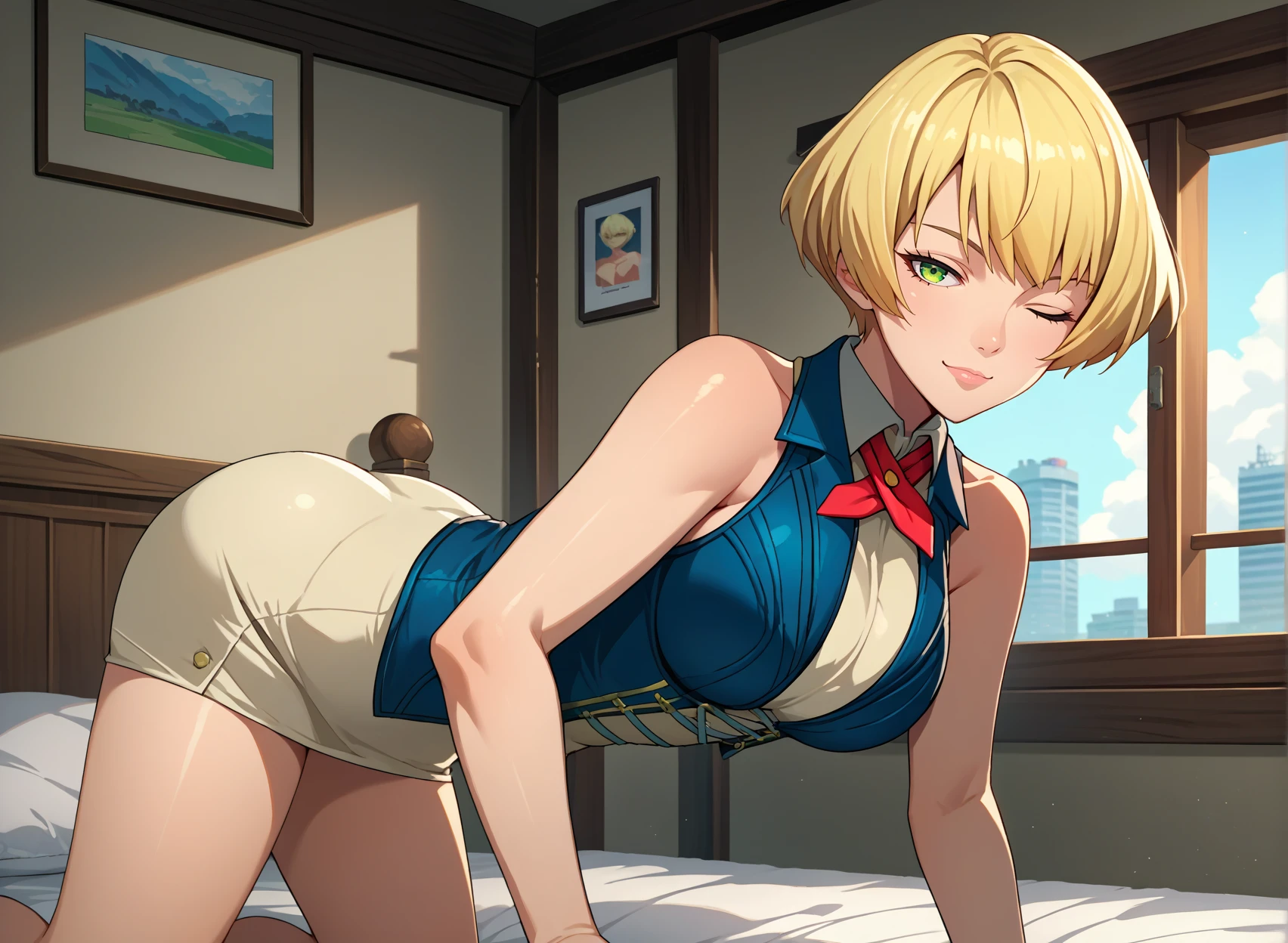 score_9, score_8_up, source_anime, 1girl, all fours, looking at viewer, wink, ass, from side, <lora:FranGE-pdxl:1> franGE, blonde hair, short hair, green eyes, blue vest, collared shirt, red neck ribbon, large breasts, sleeveless, white dress, pencil skirt, bed, window