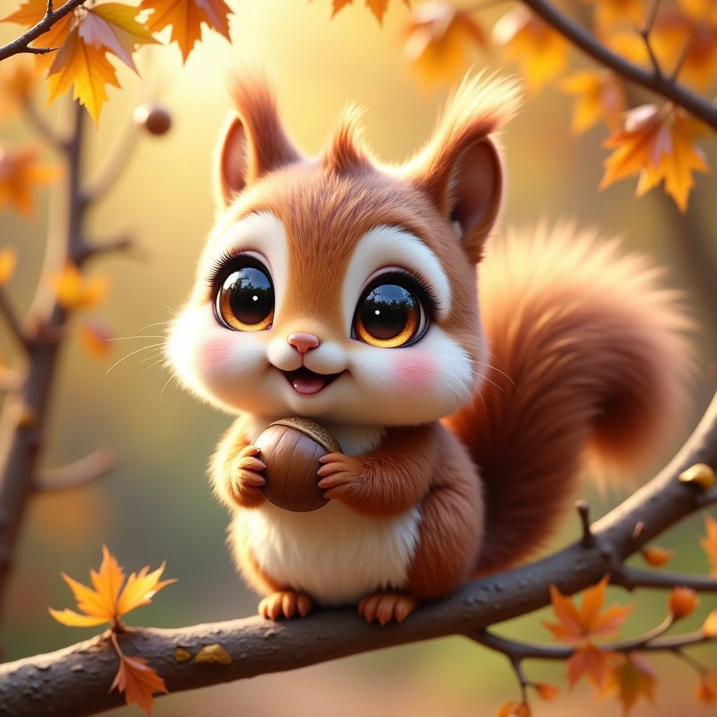 pam-swtvrld a happy squirrel on a branch holding a nut. it's a warm autumn day.