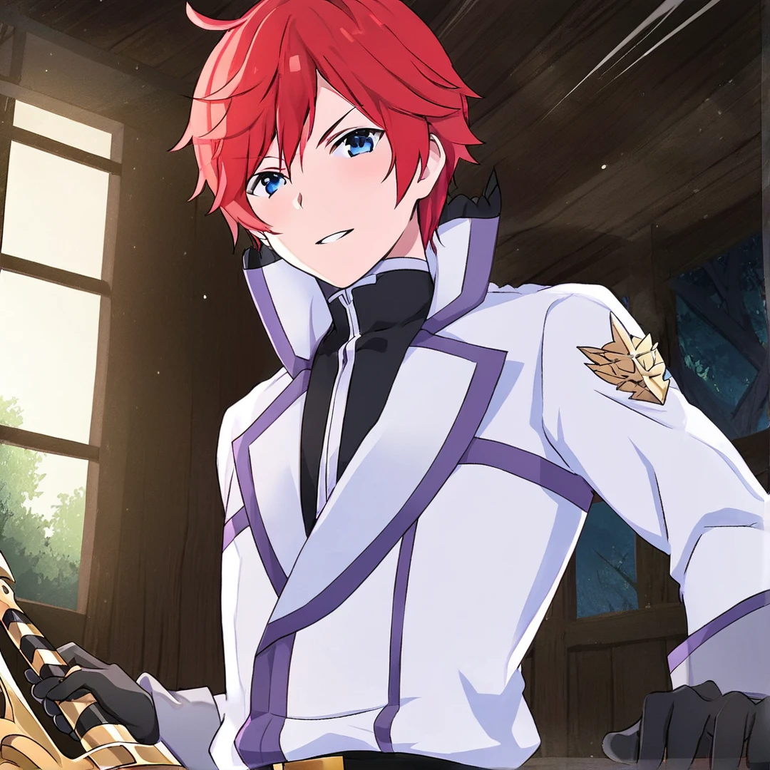 <lora:Reinhard:1>, reinhard, stands at exactly six feet tall, his most striking feature, is his distinct flaming red hair, that shines as brightly, his sparkling blue eyes, portray a sense of confidence and recklessness, his slender frame, features an array of well-toned muscles, he exuded an aura of gallantry, and, at a first glance, he gave off an intimidating air, that indicated him as someone who is above the norm, his extraordinarily handsome face, beyond average looks and his open, calming and approachable personality, makes him very popular with people, which catches the eye of many women, further exemplifying his magnificence, his casual attire consists of, a well-made black shirt, that he also wears as part of his uniform, white trousers with lilac cuffs, black shoes, black gloves, and a double-breasted white long coat, with a cutaway front, rolled cuffs, lapels, and lilac lining, the crest can be seen proudly pictured, on the upper part of his left sleeve, and a black belt, is fastened tightly around his waist, with it, he fastens his esteemed dragon sword reid, whenever he has to go out, solo, in a city, with sakura trees