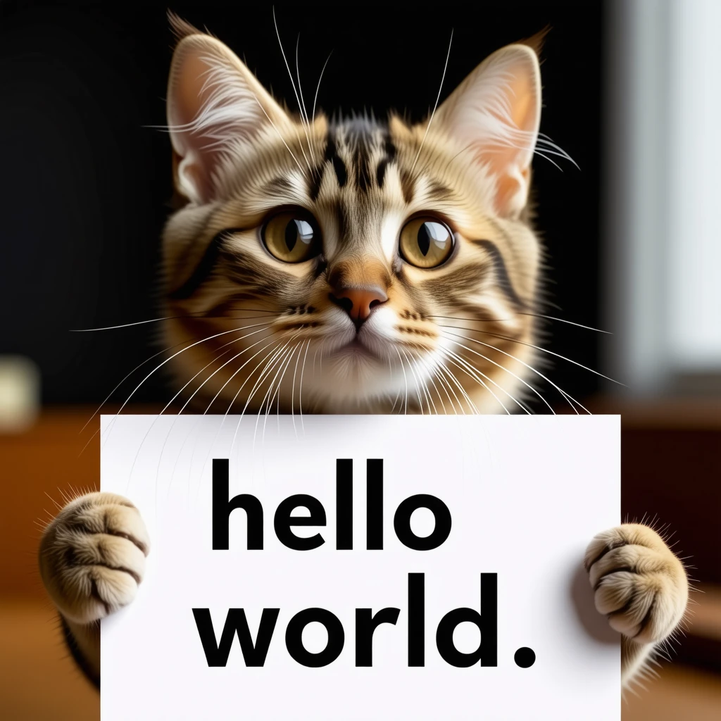 a photo of a cat holding a sign that says hello world