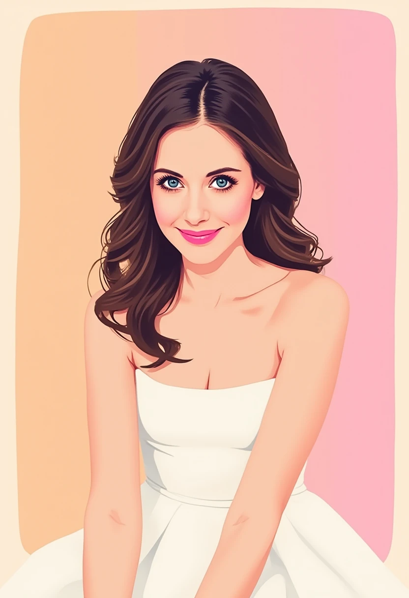 Award-worthy vector illustration art of Alison Brie, the linework is sharp, colorful and expressive, simplified and flat shapes, dynamic composition, professional-grade vector illustration with pastel colored gradient background