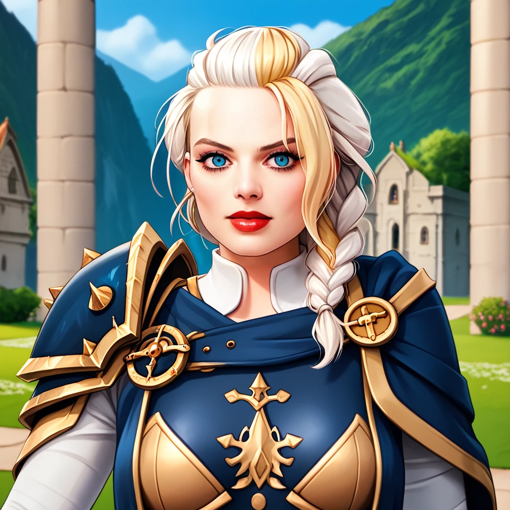 score_9, score_8_up, score_7_up, source_anime, professional photograph of Margot woman, wearing armor, blue shoulder armor, blue cloak, slender, long hair, on a tall mountain, castle in the background, beautiful fantastic medieval genre background, godrays <lora:Margot Robbie 2013-2015 Pony:1> <lora:xl_more_art-full_v1add-detail:0.2> <lora:RMSDXL_EnhanceDetails:0.2> <lora:ral-fntsyrlms-sdxl:0.25> ral-fntsyrlms  <lora:Jaina_6448XL:0.75> JAINA PROUDMOORE, WHITE HAIR, BLONDE HAIR, STREAKED HAIR, SINGLE BRAID