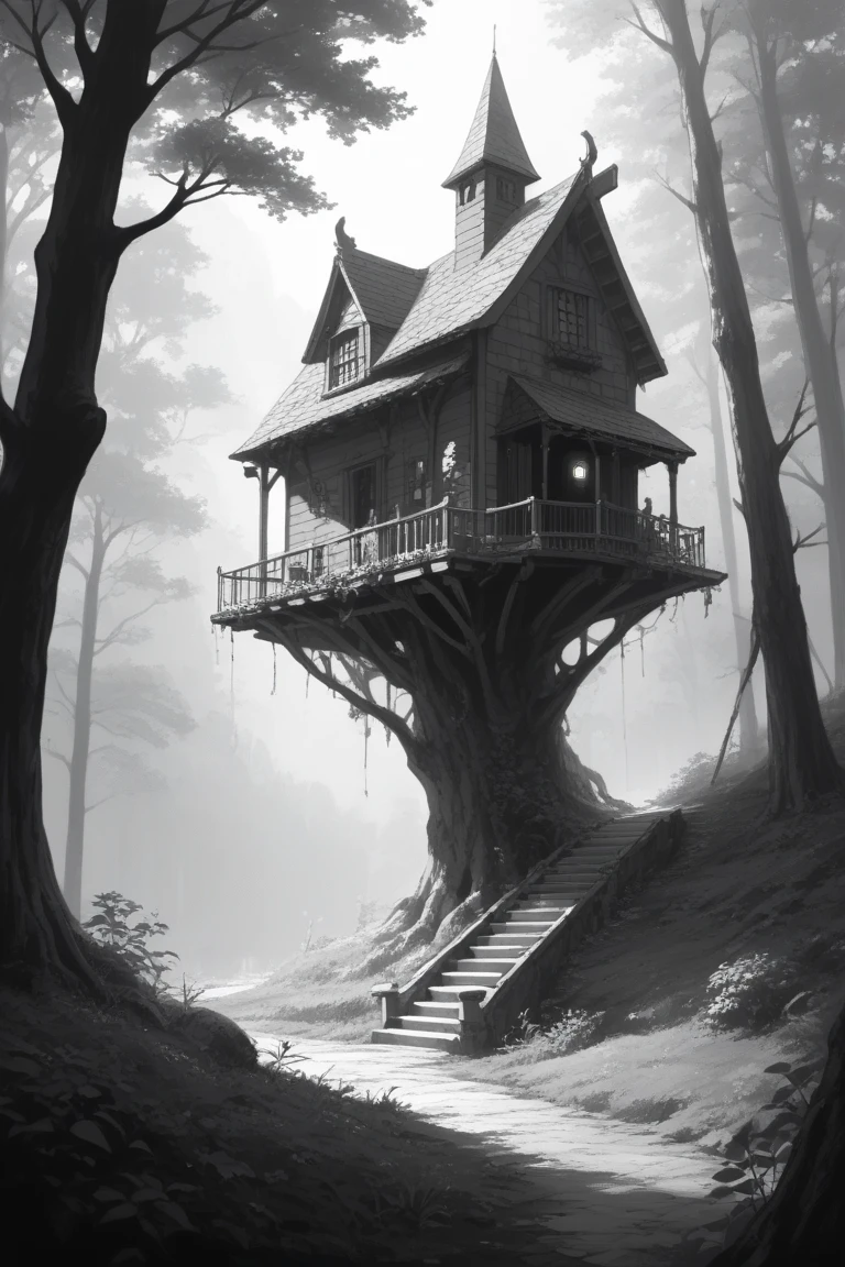 score_9, score_8_up, score_7_up, source_anime, rating_safe, dark, medieval, natural lighting, fantasy-treehouse focus, DaTH, DaTH_architecture, DaTH_clutter, treehouse, tree, forest, cityscape, scenery, intricately detailed illustration, atmospheric perspective, depth of field, greyscale, monochrome, black and white theme, horror (theme)