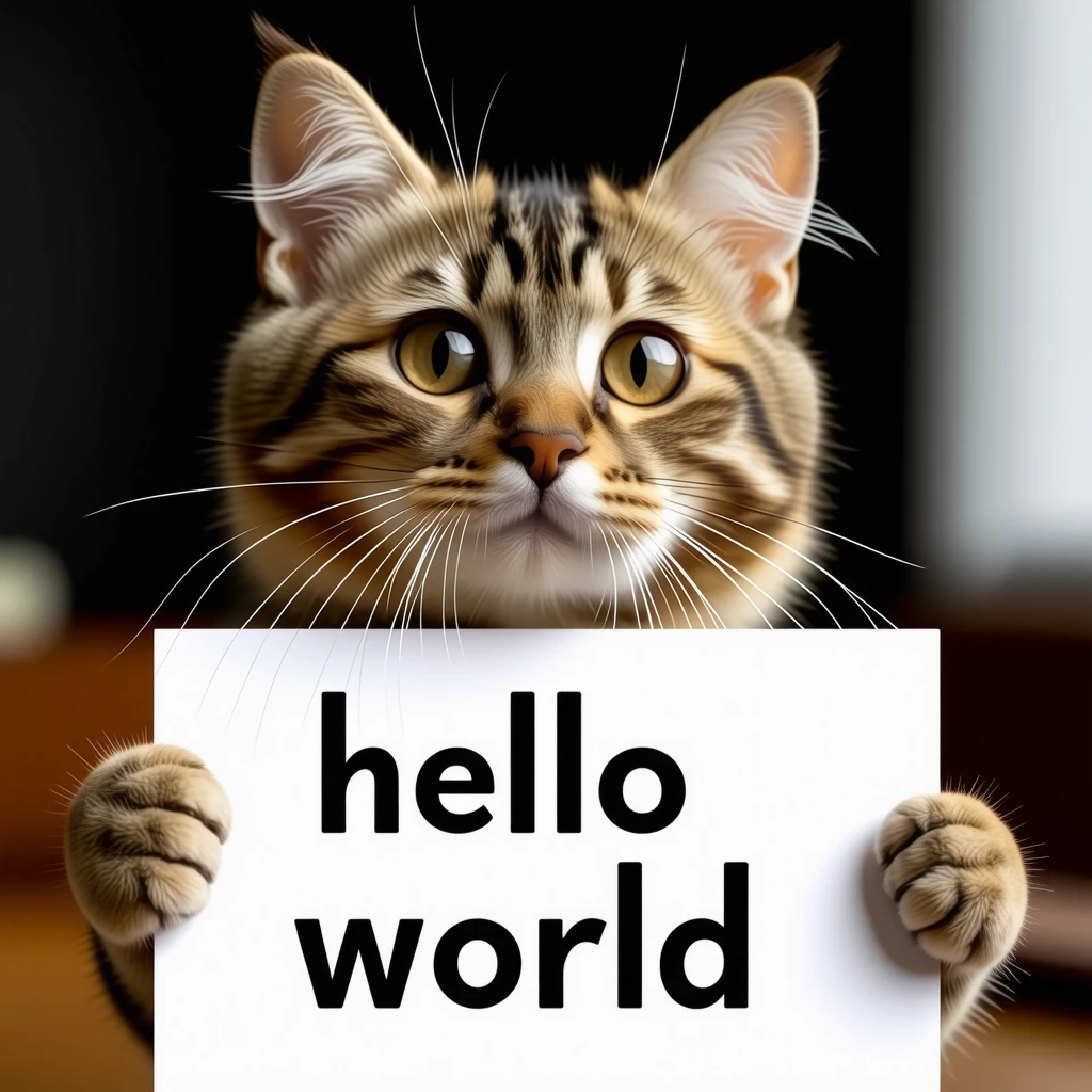 a photo of a cat holding a sign that says hello world