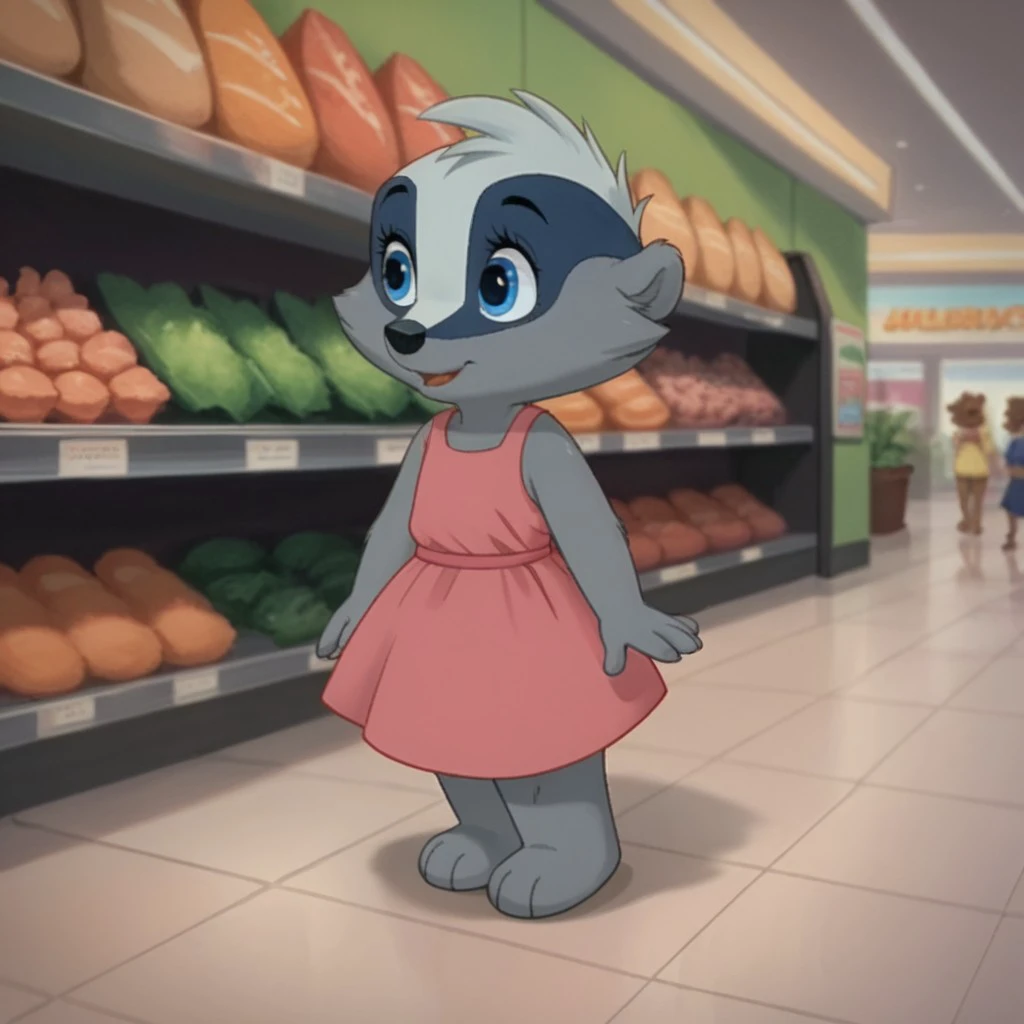 score_9, score_8_up, score_7_up, score_6_up, source_furry, Michellebadge, young anthro, female, badger, grey fur, blue eyes,  sundress, shopping at the mall, <lora:9a180fc2-1d58-4036-a7b8-661ffe35012c:0.7>