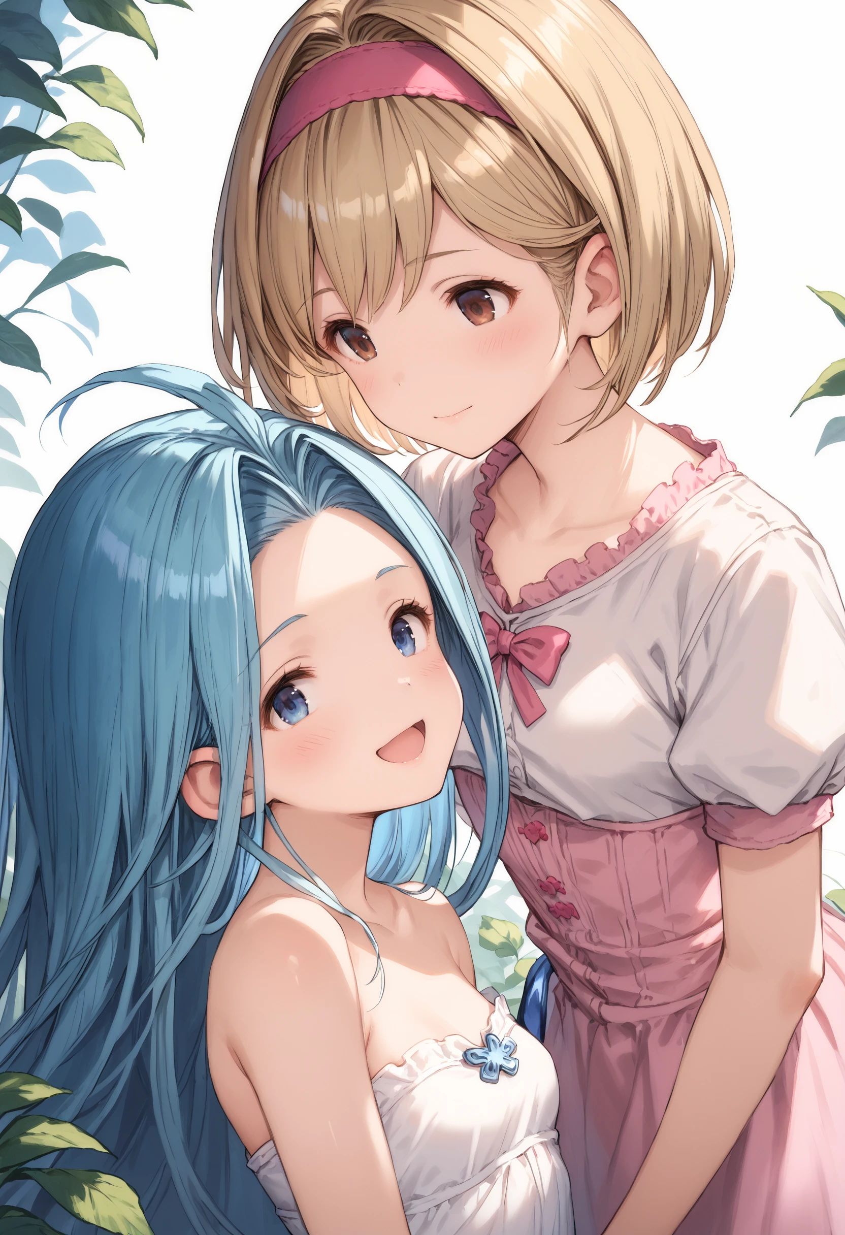 score_9, score_8_up, score_7_up, masterpiece, best quality, very aesthetic, absurdres,
2girls, yuri, happy, side-by-side, clear eyes,
lyria \(granblue fantasy\), very long hair, blue hair, medium breasts, skinny, body_slim, small breasts, white cami-dress, bare shoulders, strapless, 
djeeta \(granblue fantasy\), (short hair:1.1), blonde hair:1.1, pink blouse, hairband, short sleeves, 
 <lora:JitaRuri-PonyV6:1> jitaruri,