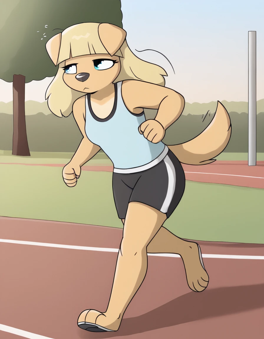 park,
Danielle,1girl,solo,furry female,blonde hair,bangs,animal ears,body fur,blunt bangs,dog girl,animal nose,dog ears,blue eyes,tail,sidelocks,long hair,two-tone fur,dog tail,
full body,tired,
sportswear,
jogging,
<lora:Danielle_v01_PDXL:1>,
<lora:add-detail-xl:1>,