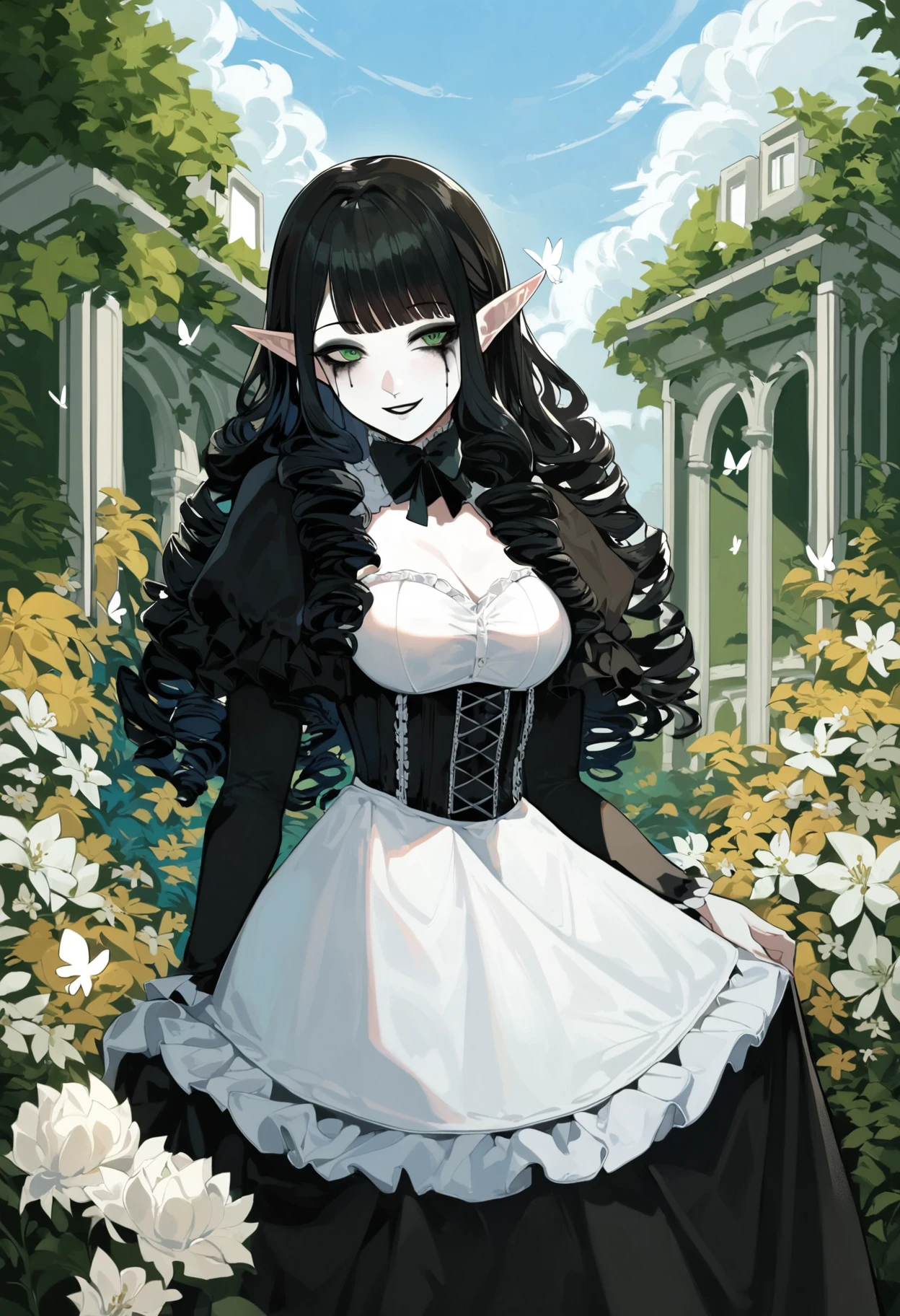 score_9, score_8_up, score_7_up, solo,
 1girl, white pale skin, green eyes, pointed ears, pitch black hair, curly hair, long hair,  blunt_bangs, (mime makeup), black lips,  mascara, black eyeshadow,
breasts apart, scenery, smug smile, victorian dress, gardenhouse, flower, butterfly, sun,
<lora:Testame-_style:1>, testame,