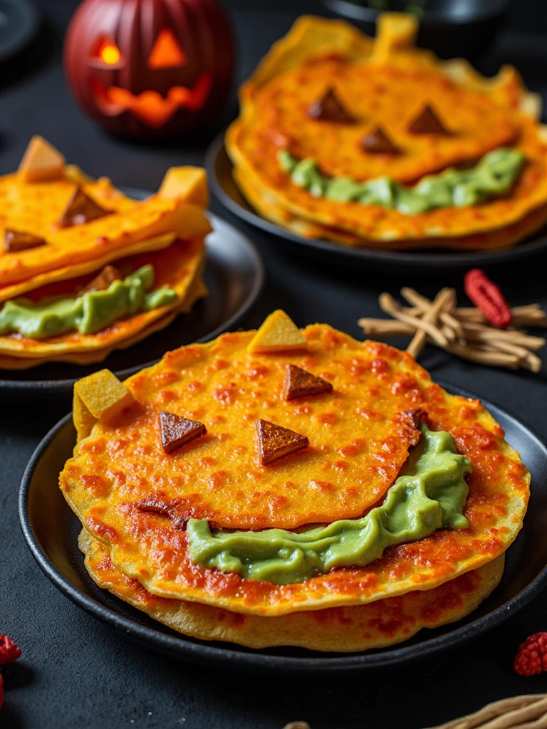 hlf food decoration style of 
Jack-o'-Lantern Quesadillas poster featuring orange-colored cheese quesadillas cut and decorated like grinning pumpkin faces. Served on black plates with green guacamole "slime". Halloween night background.







