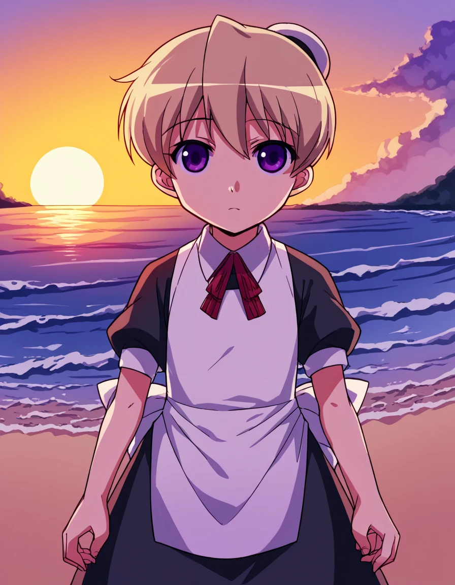 score_9, score_8_up, score_7_up, source_anime, <lora:kaibutsuoujo-flandre-s1-ponyxl-lora-nochekaiser:1>, flandre, short hair, blonde hair, purple eyes, hair bun,, apron, maid,, beach, sunset, walking along shore, footprints in sand, waves, peaceful, , <lora:gendou-pose-ponyxl-lora-nochekaiser:1>, gendou pose, own hands clasped, own hands together, parody,, looking at viewer, solo,, dutch angle, cowboy shot