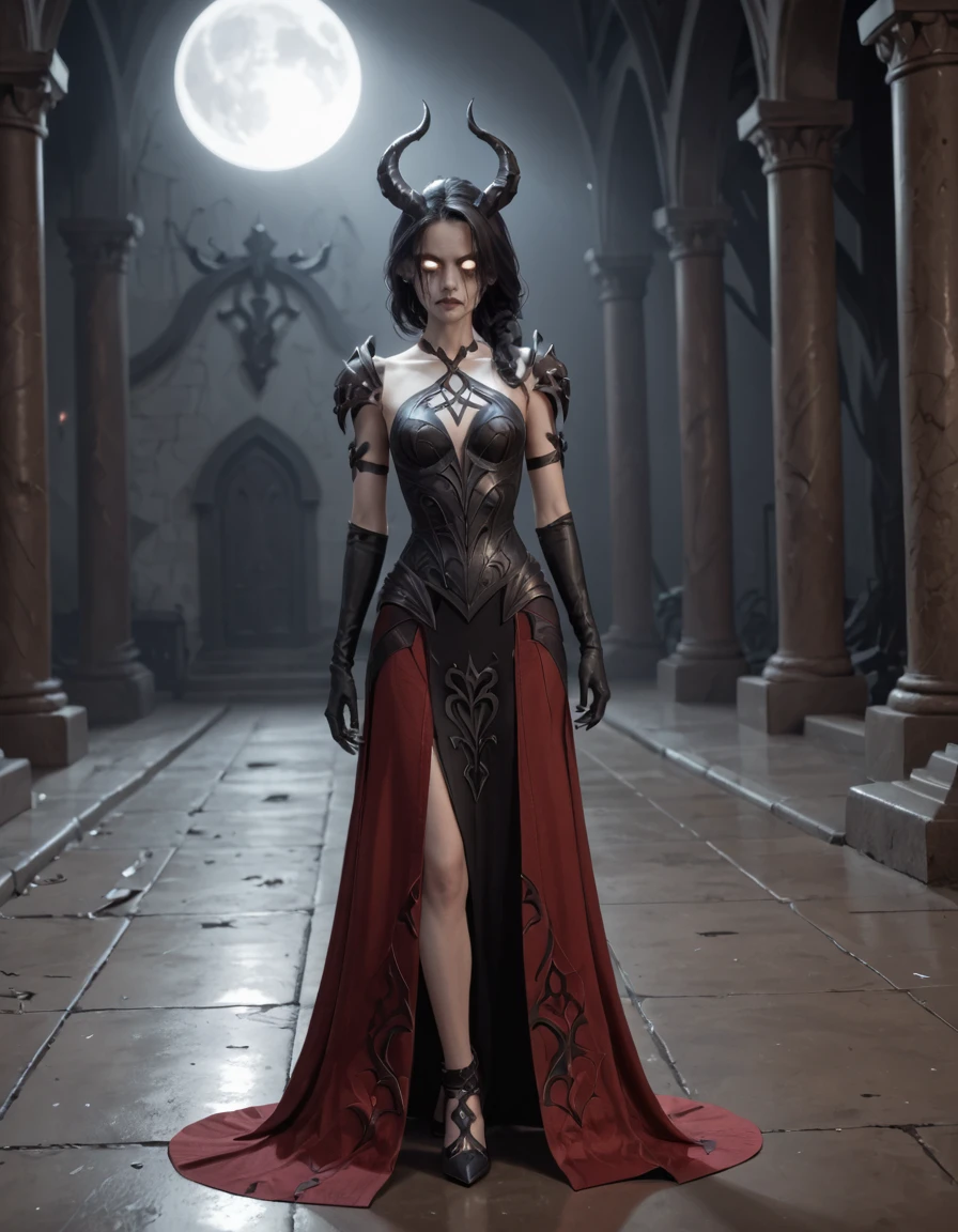 1girl, solo, tiefling woman, pretty face, red skin, 2 horns, small horns, long black hair, black eyes, medium breasts, full body, outside medieval house, forest, medieval clothing, beckoning